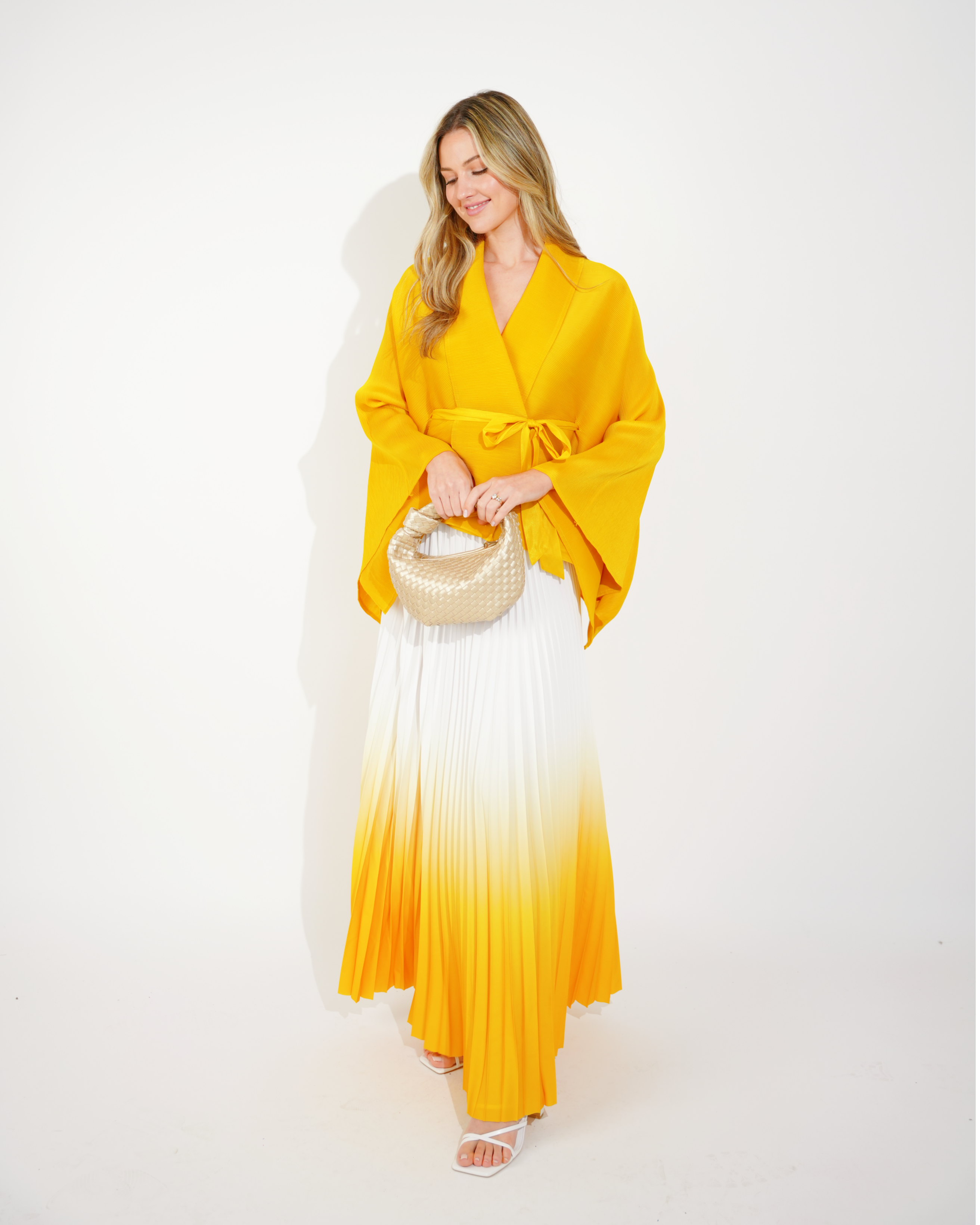 Oliva Row™ | Full pleated Kimono sleeves cardigan top and tie dye print maxi skirt in Yellow