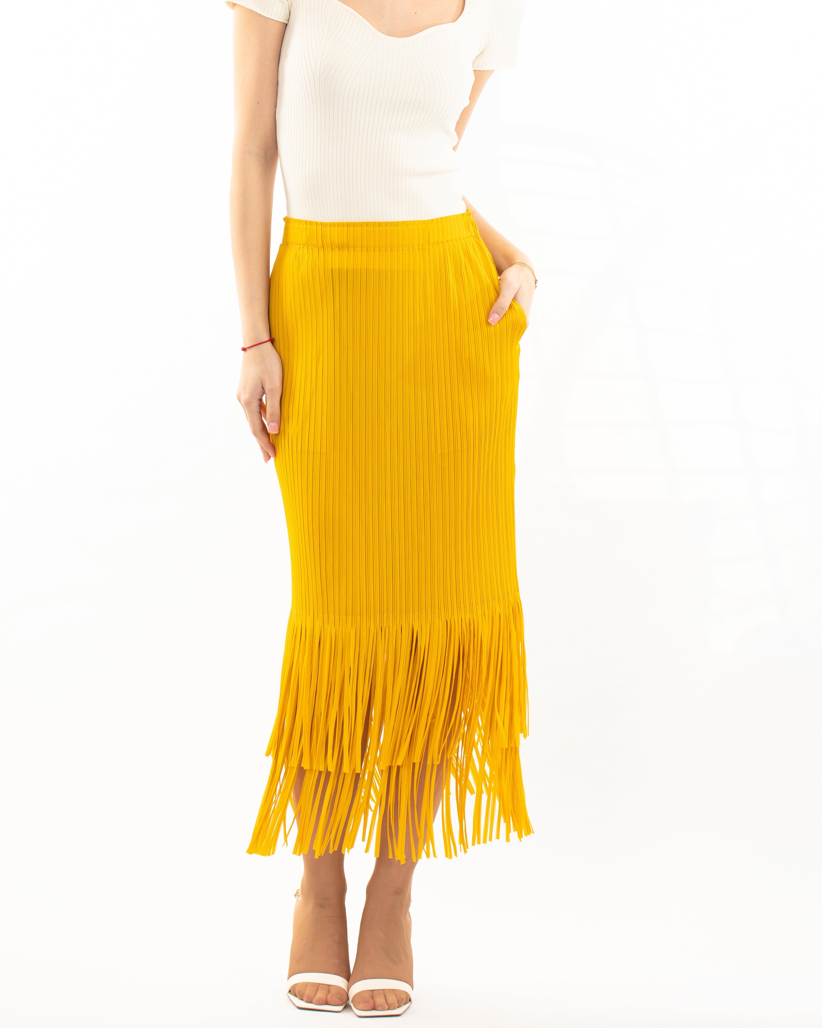 Olivia Row™ | Pleated Midi Skirt with multi fringed tassel hem design in yellow