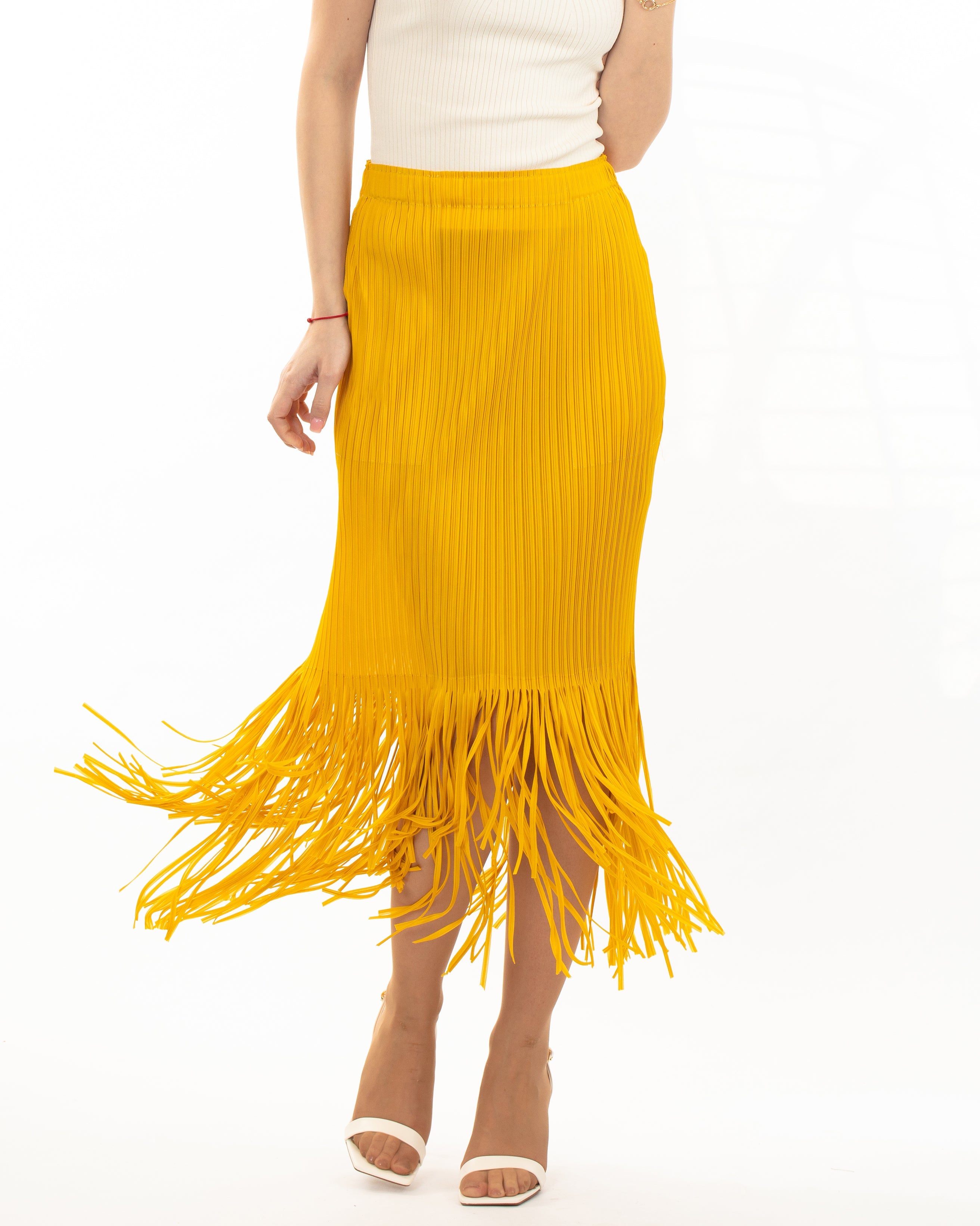 Olivia Row™ | Pleated Midi Skirt with multi fringed tassel hem design in yellow