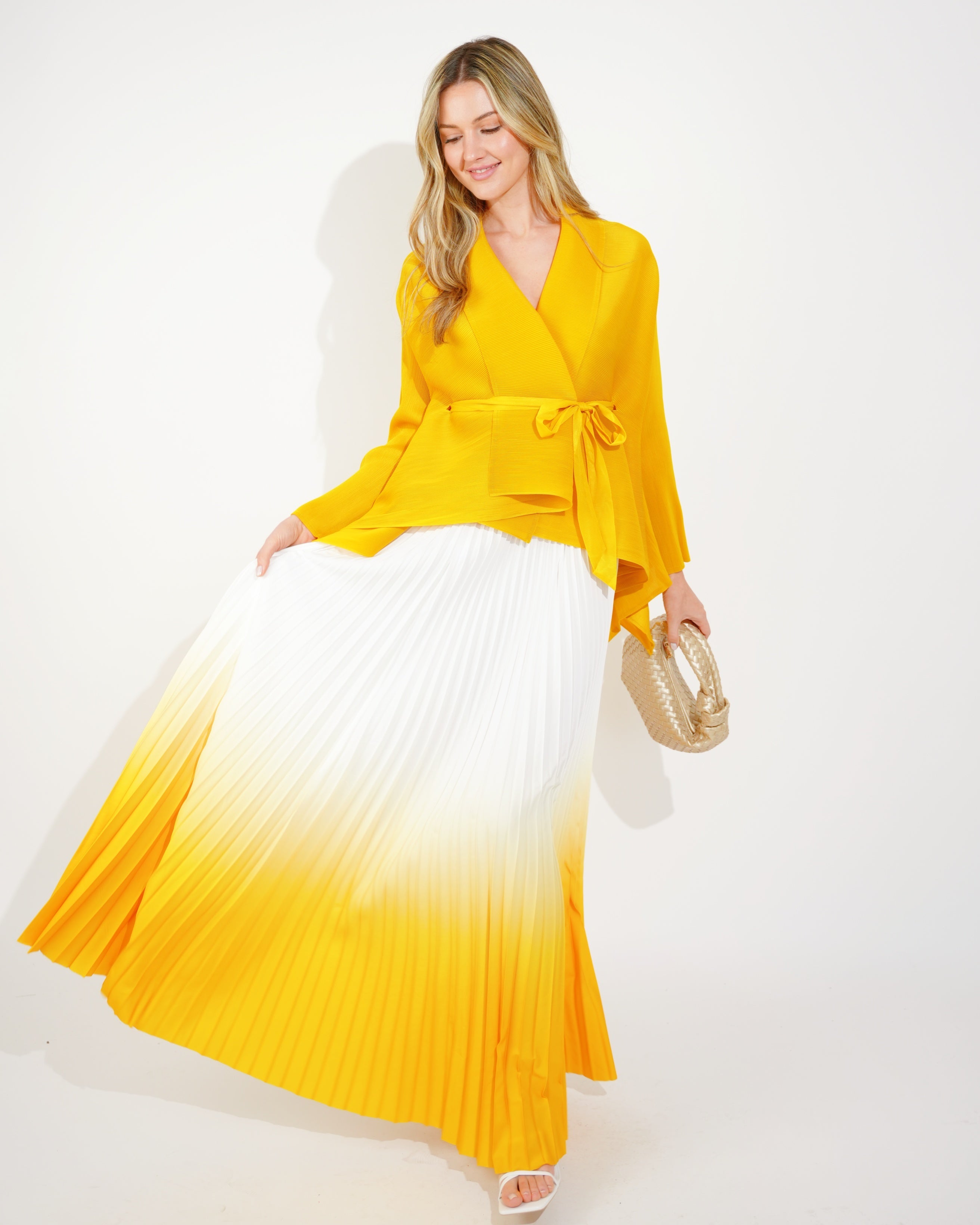 Oliva Row™ | Full pleated Kimono sleeves cardigan top and tie dye print maxi skirt in Yellow