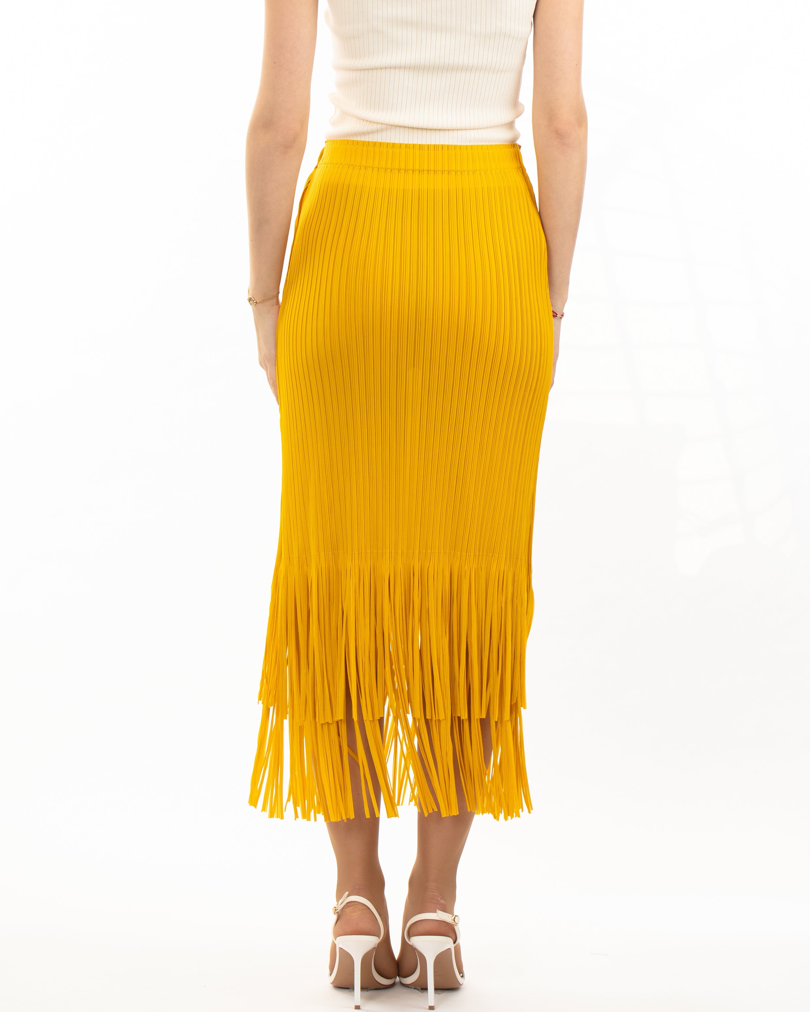 Olivia Row™ | Pleated Midi Skirt with multi fringed tassel hem design in yellow