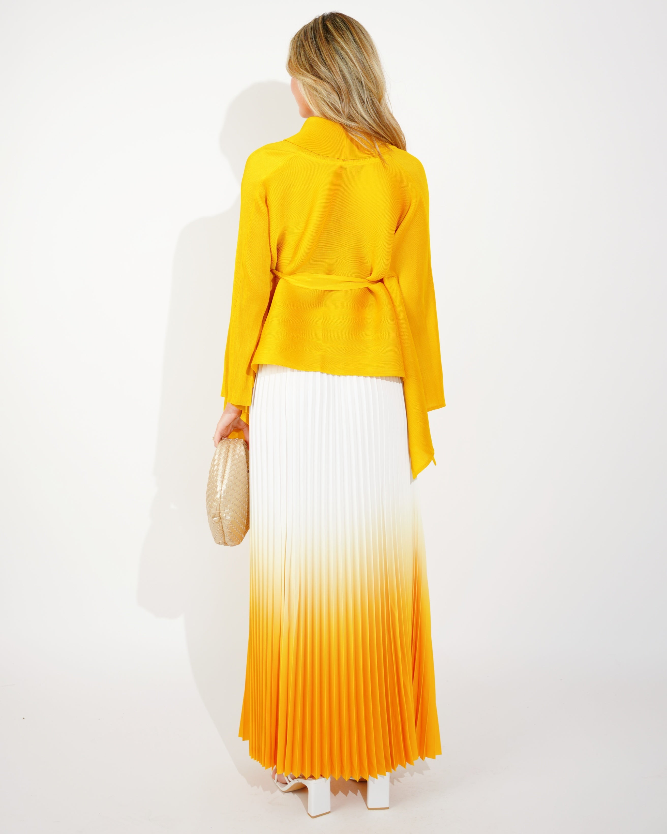 Oliva Row™ | Full pleated Kimono sleeves cardigan top and tie dye print maxi skirt in Yellow