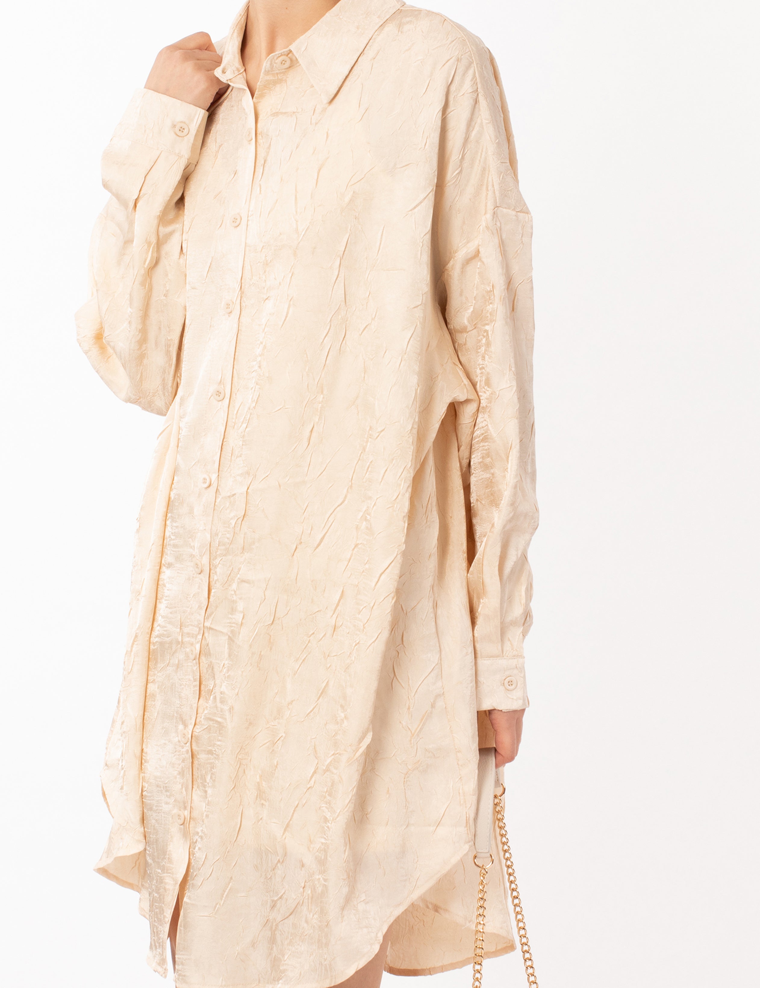 Olivia Row™ | Oversized long shirt dress in textured jacquard design fabric beige color
