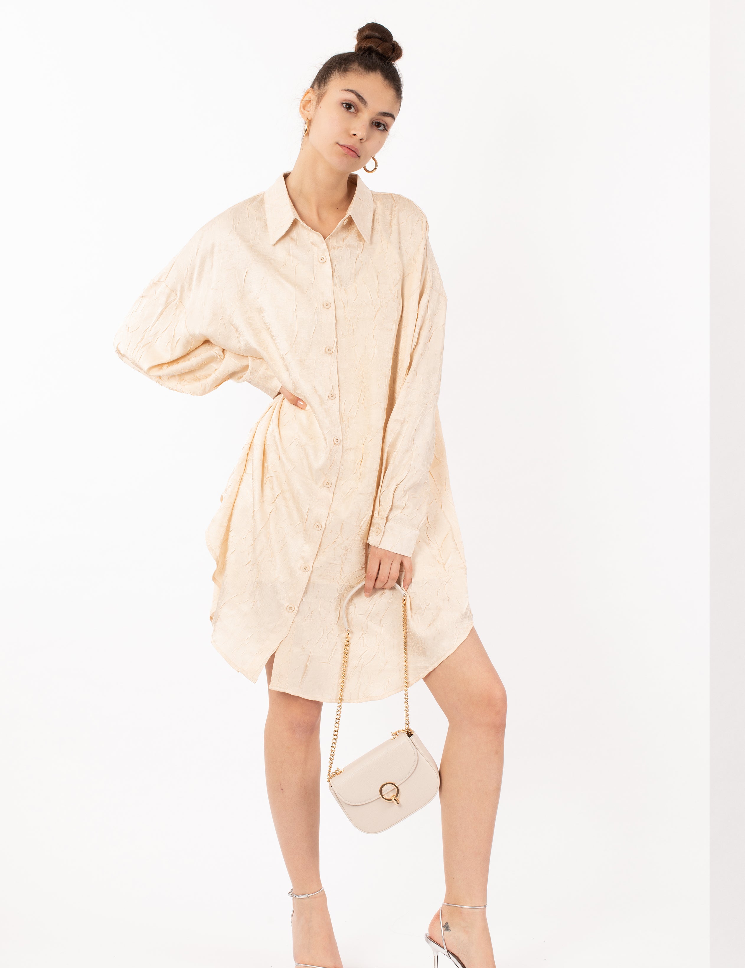 Olivia Row™ | Oversized long shirt dress in textured jacquard design fabric beige color