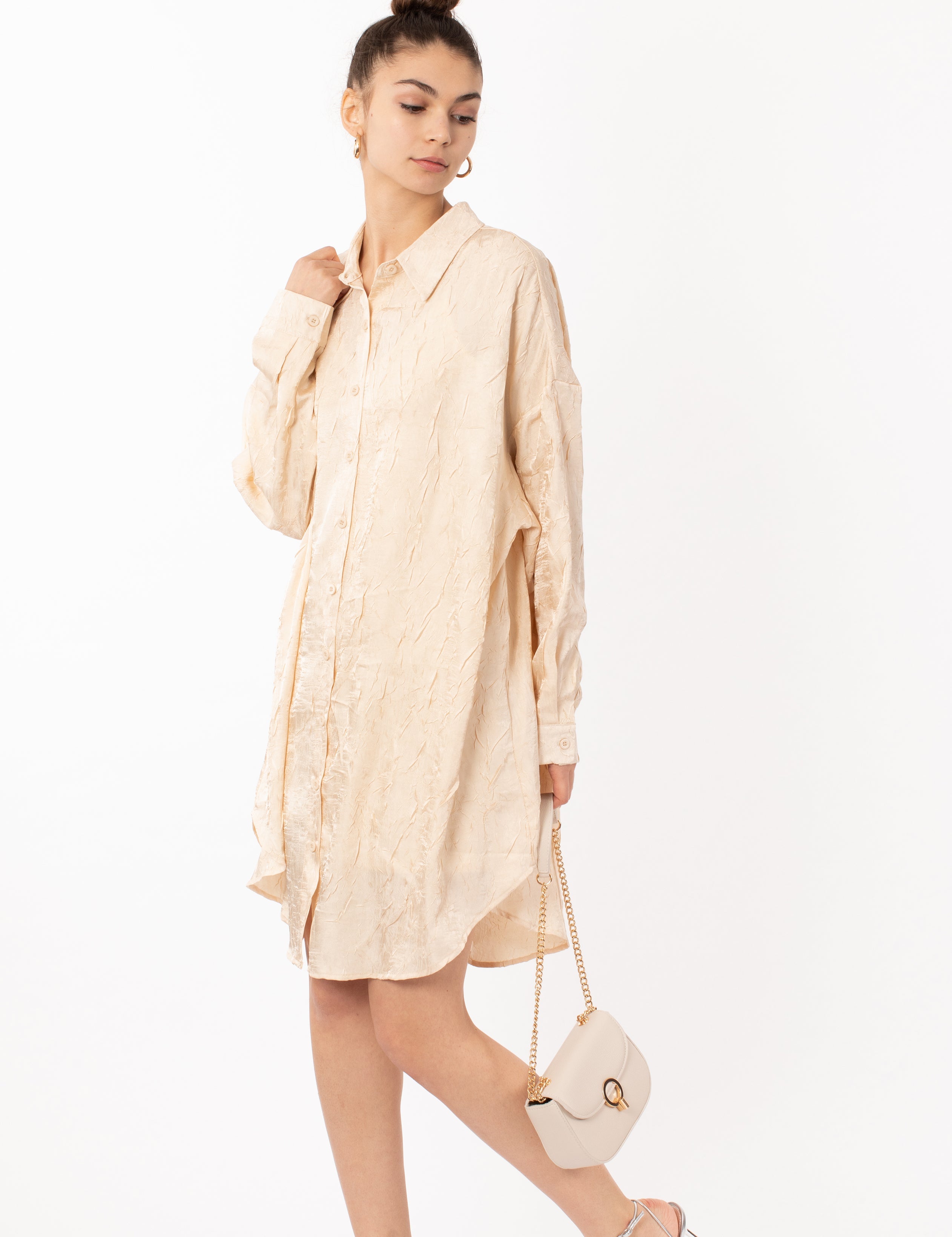 Olivia Row™ | Oversized long shirt dress in textured jacquard design fabric beige color