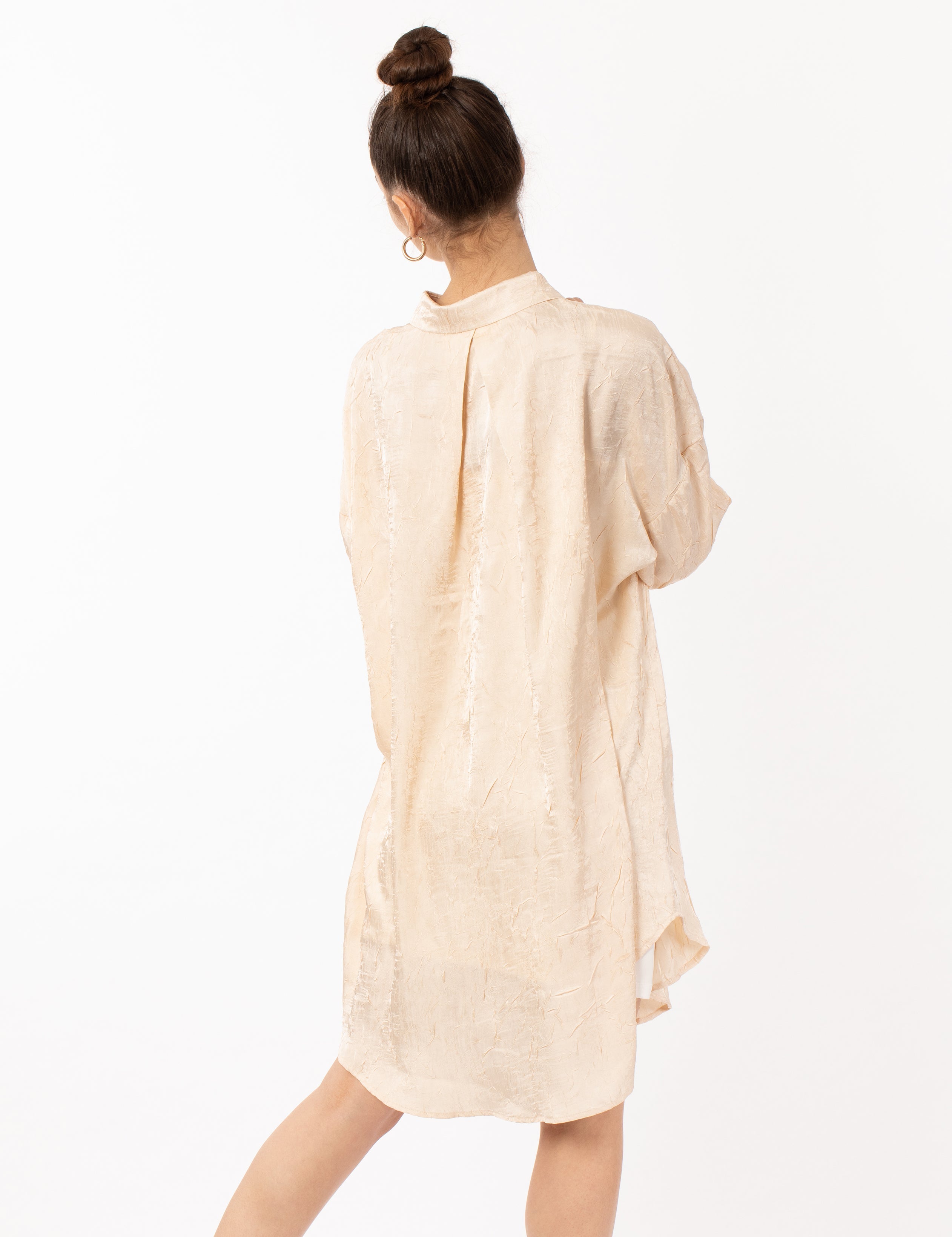 Olivia Row™ | Oversized long shirt dress in textured jacquard design fabric beige color