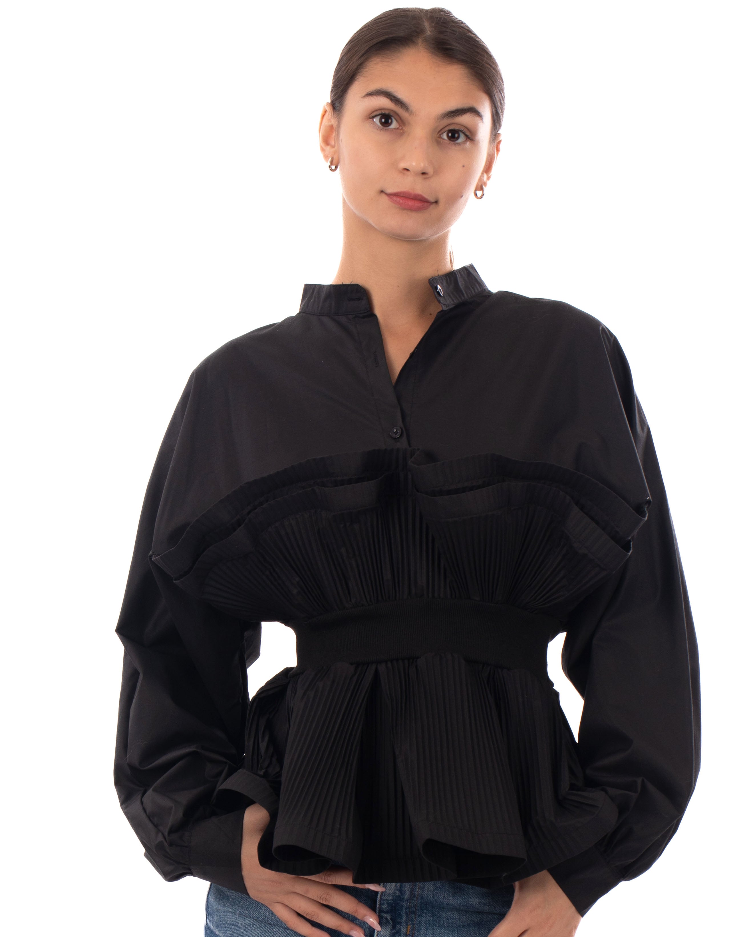 Olivia Row™ | Ruffle design around chest and hem cotton shirt in black