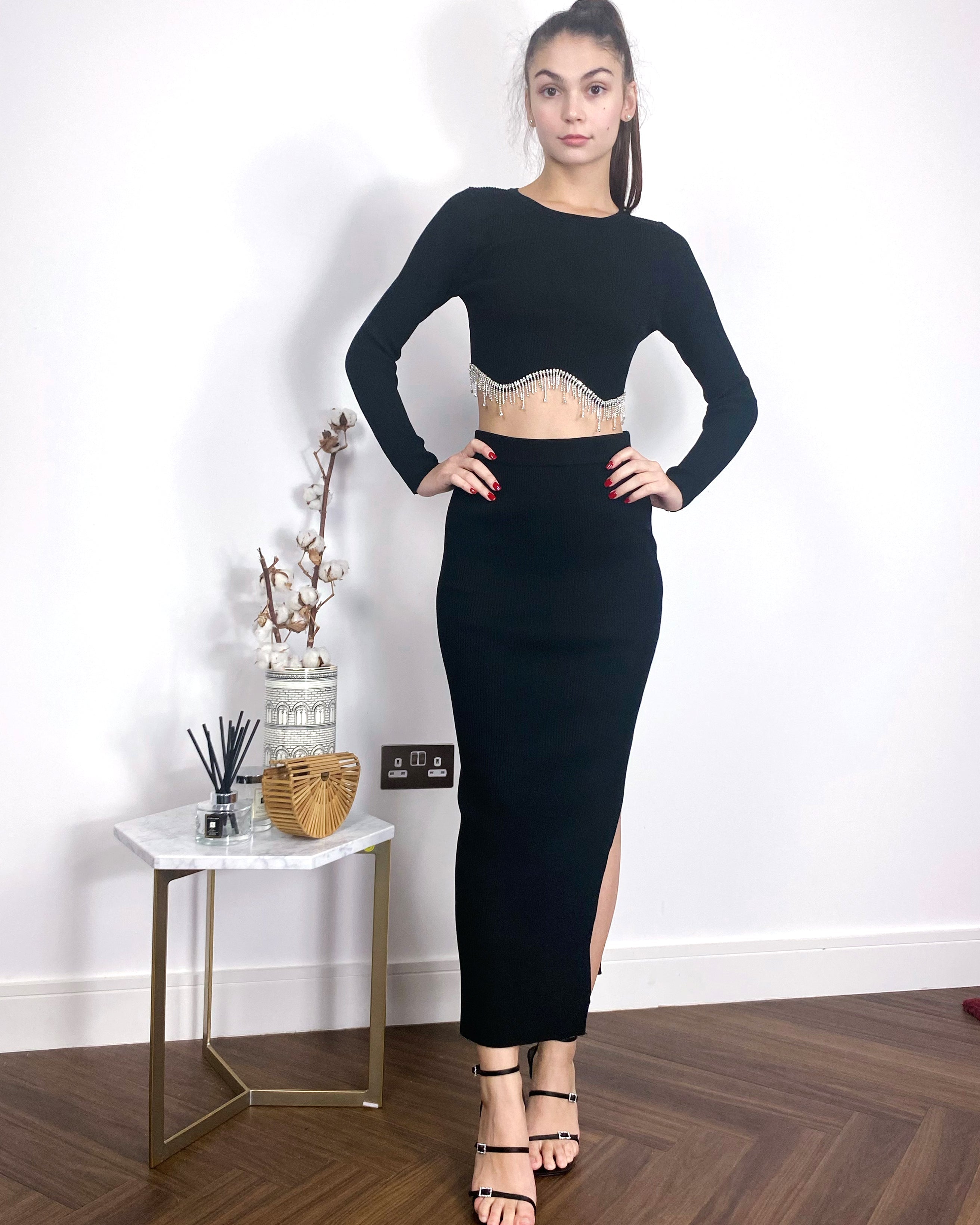 Olivia Row™ | Scalloped shape knit top with diamonded chain embellish and midi skirt co-ords in black