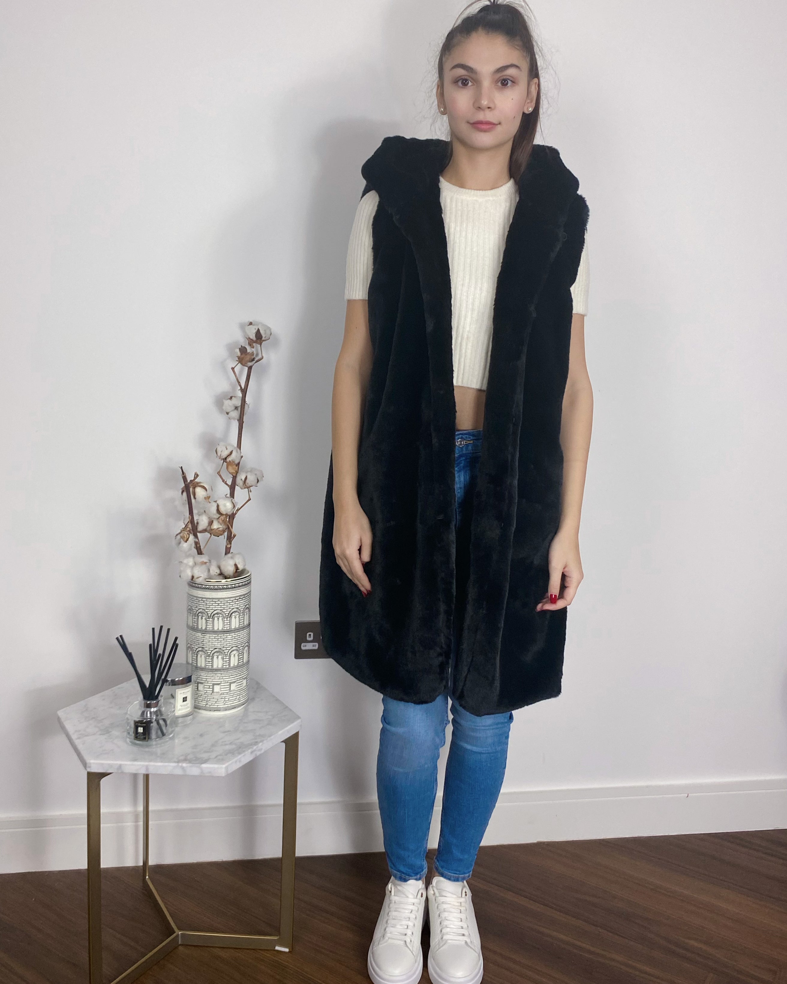 Olivia Row™ | Plus Size Faux Fur Long Gilet with Hoodie in black