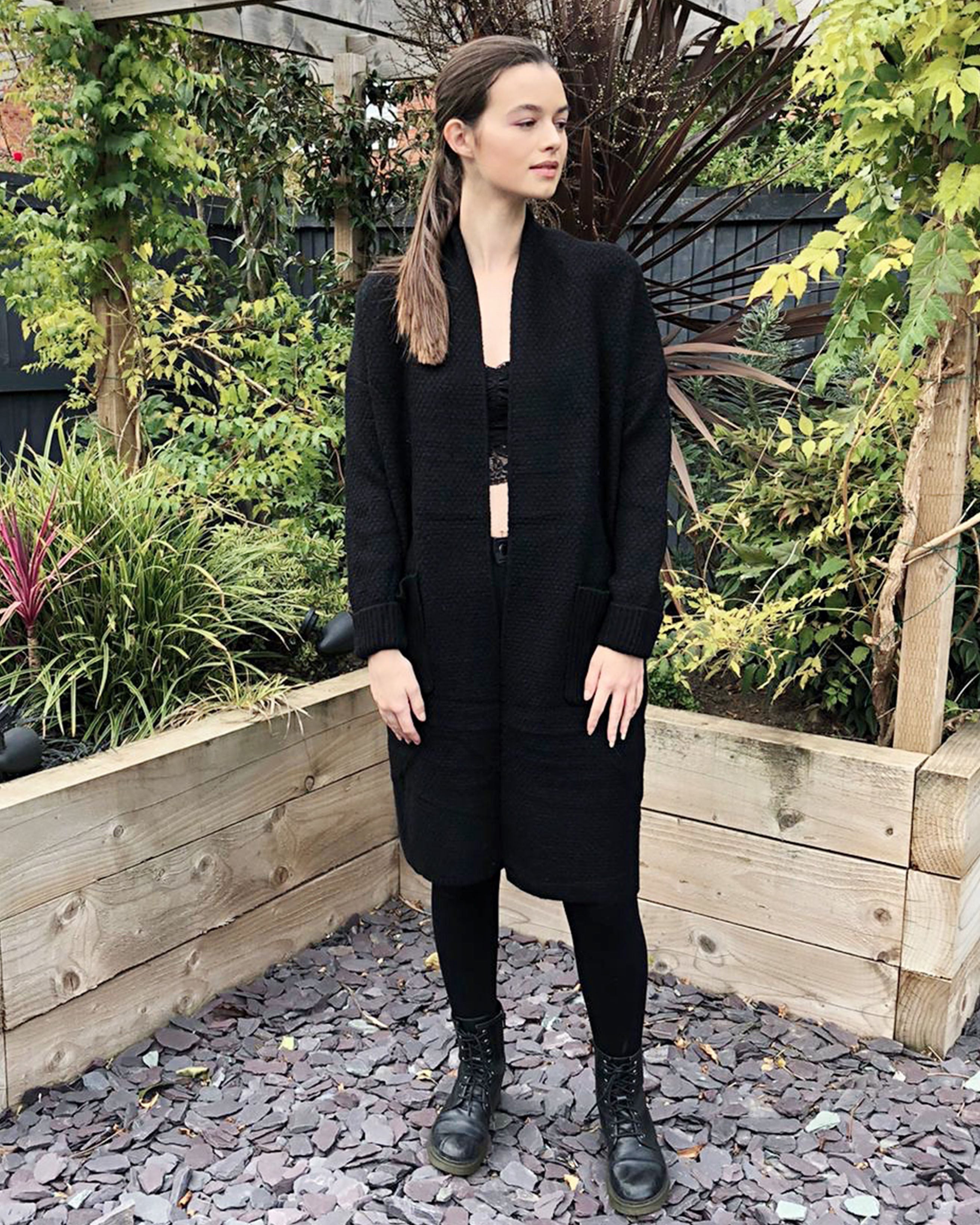 Olivia Row™ | Oversized Boxy rib knit long cardigan with front pocket in black