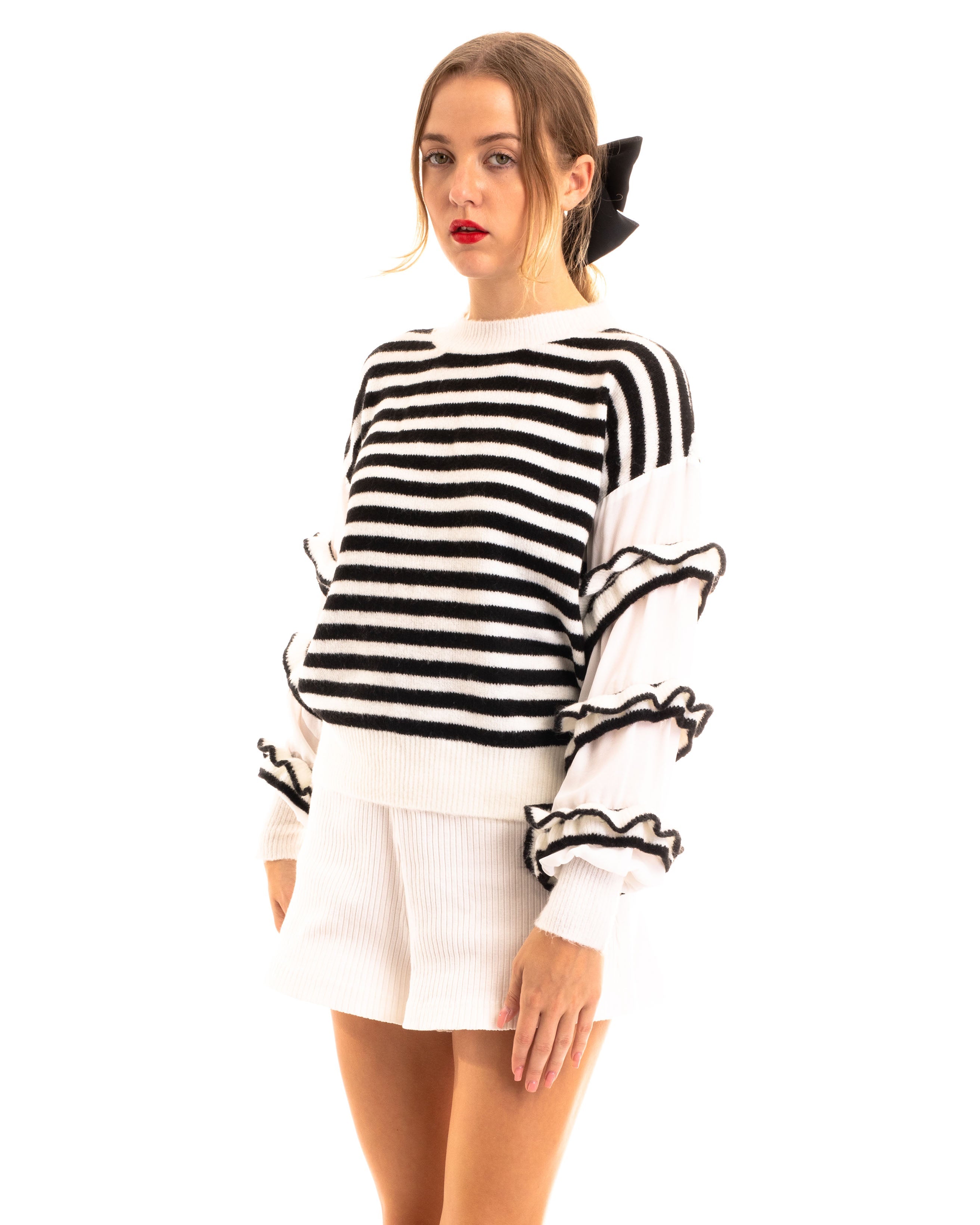Olivia Row™ | Multi layer ruffle sleeves black white color stripe jumper top