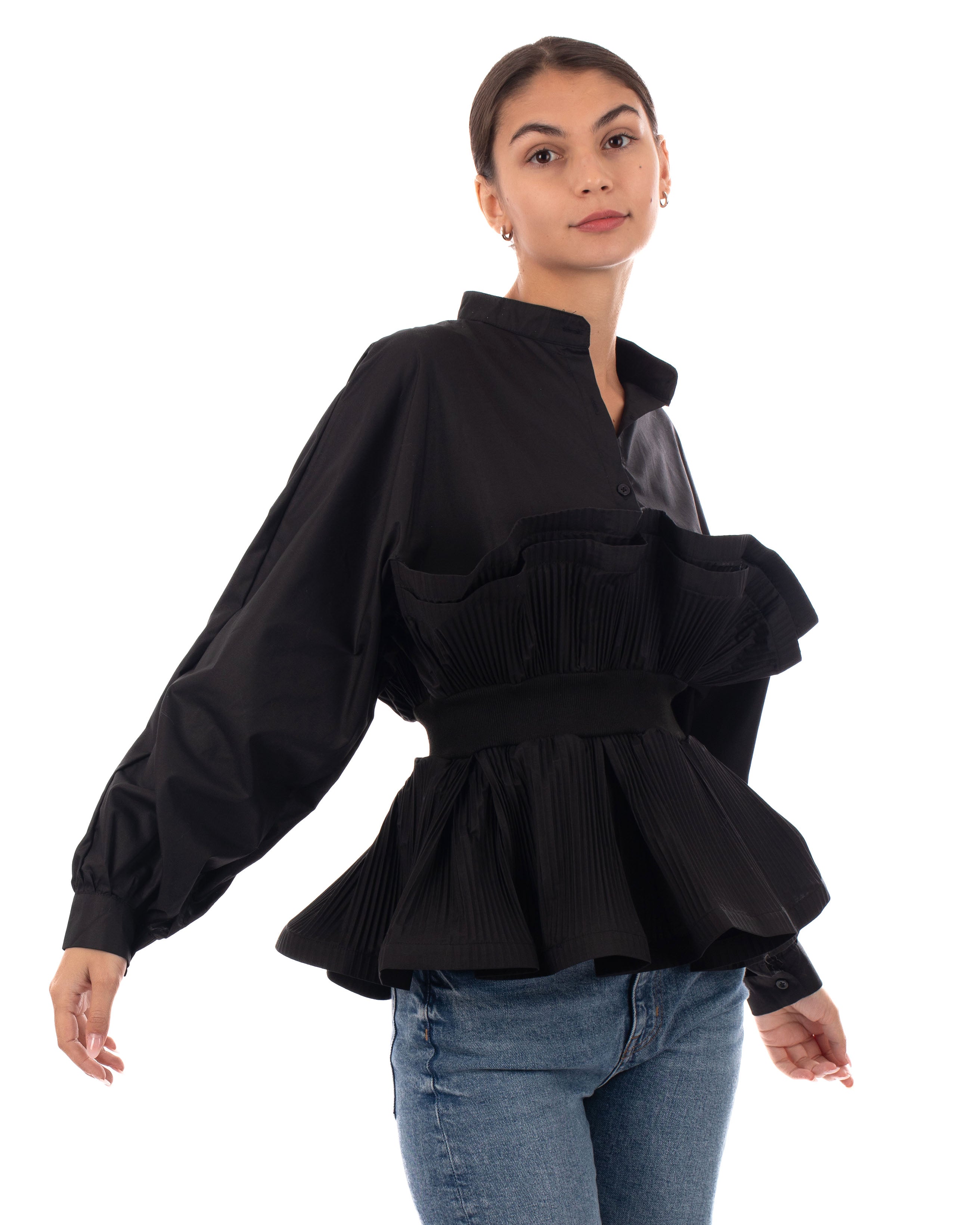 Olivia Row™ | Ruffle design around chest and hem cotton shirt in black
