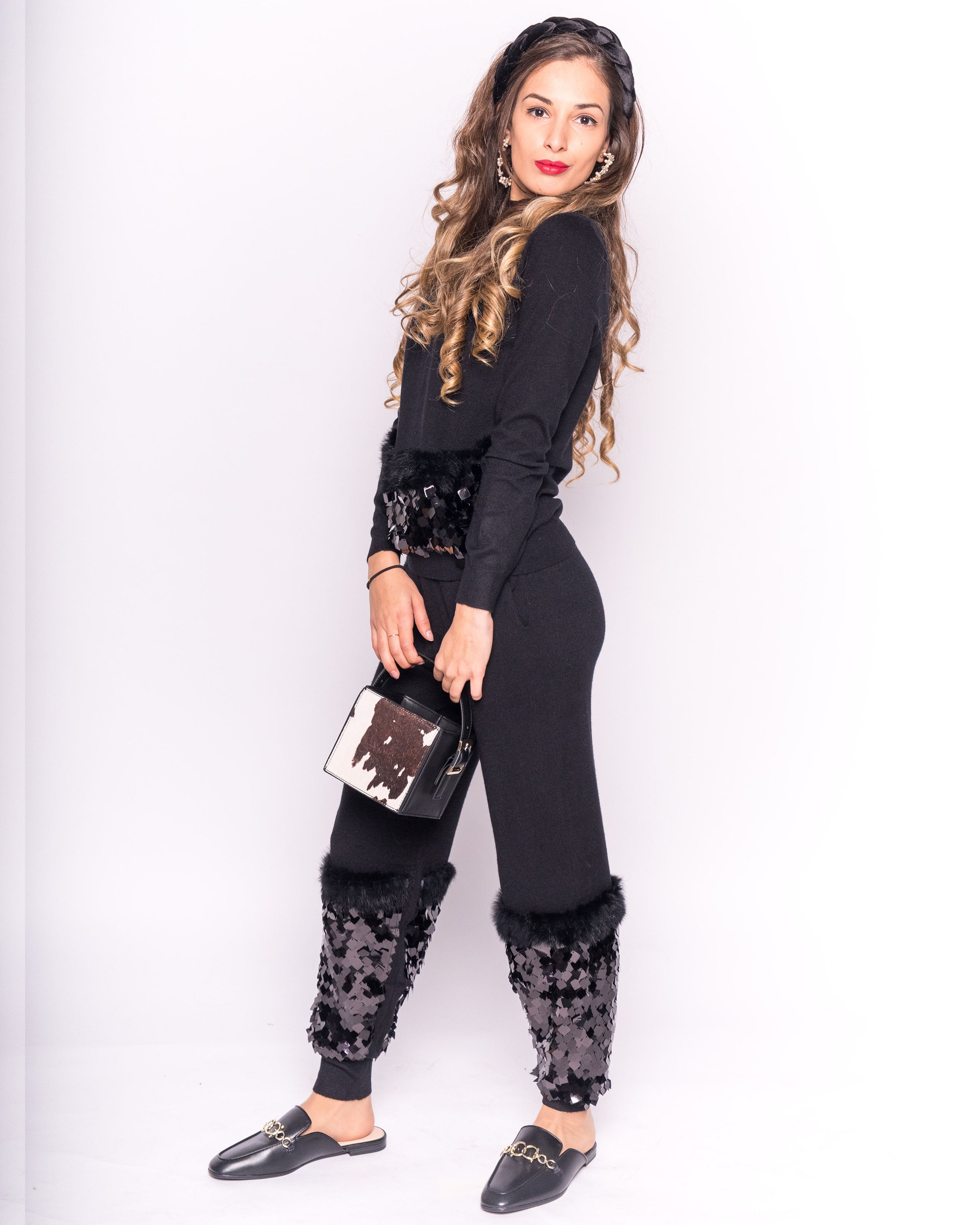 Olivia Row™ | Knit Top & Trousers Co-Ord with Faux fur & Sequins