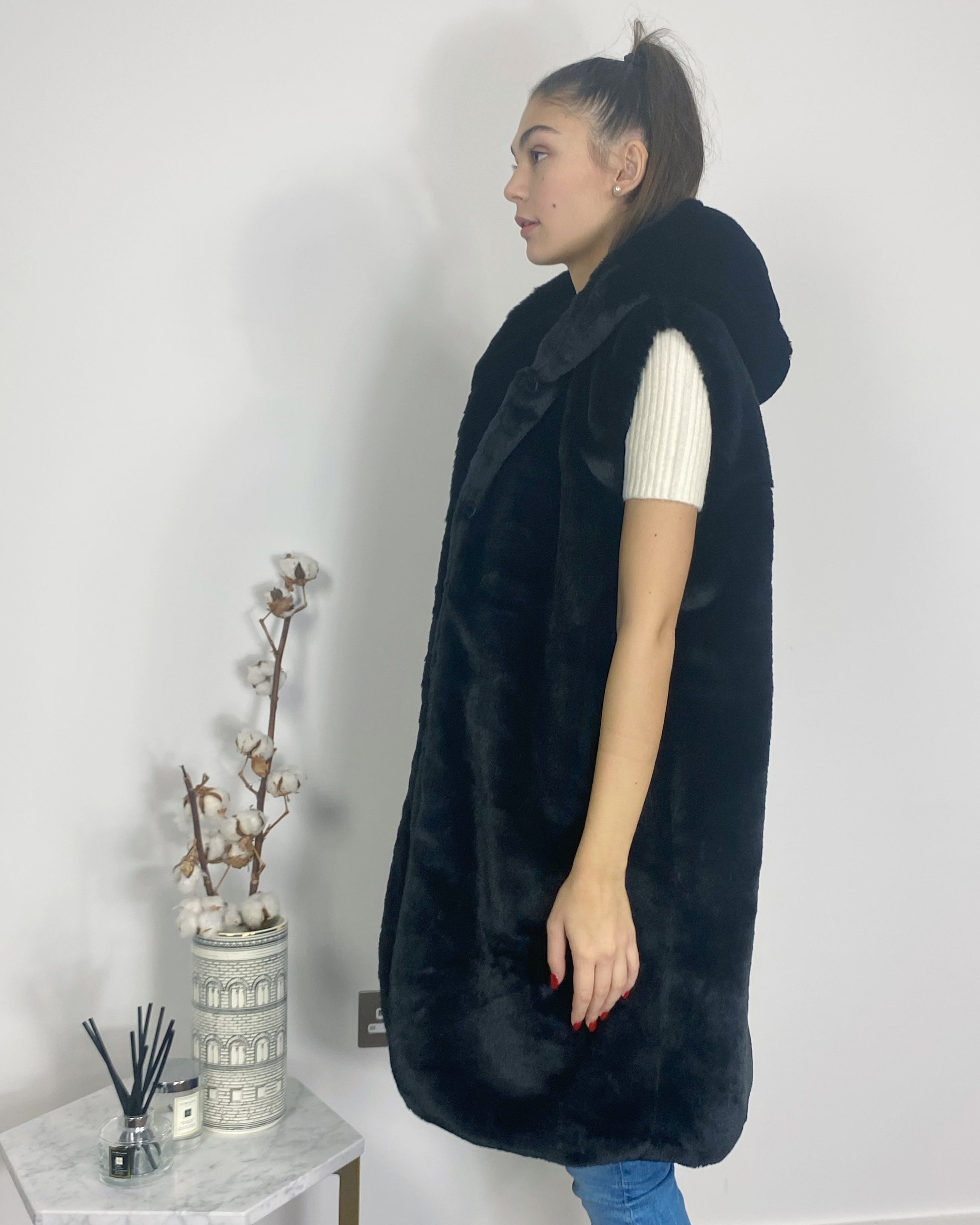 Olivia Row™ | Plus Size Faux Fur Long Gilet with Hoodie in black