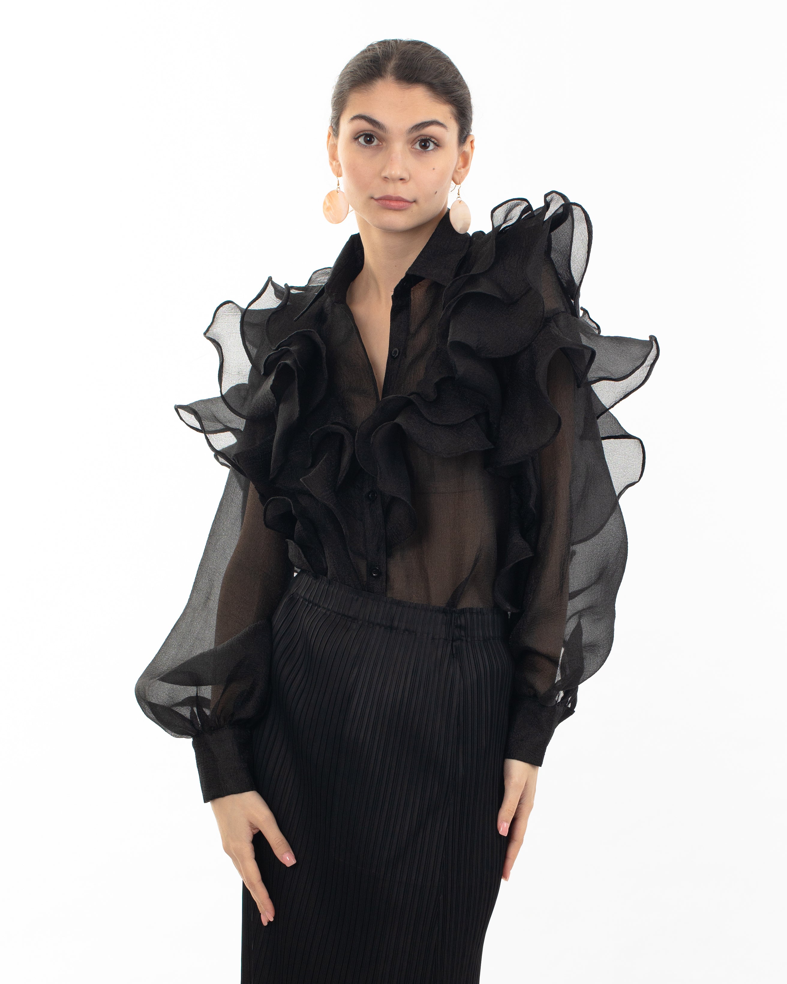 Olivia Row™ | Multi Layer ruffles design sheer organza shirt in Black