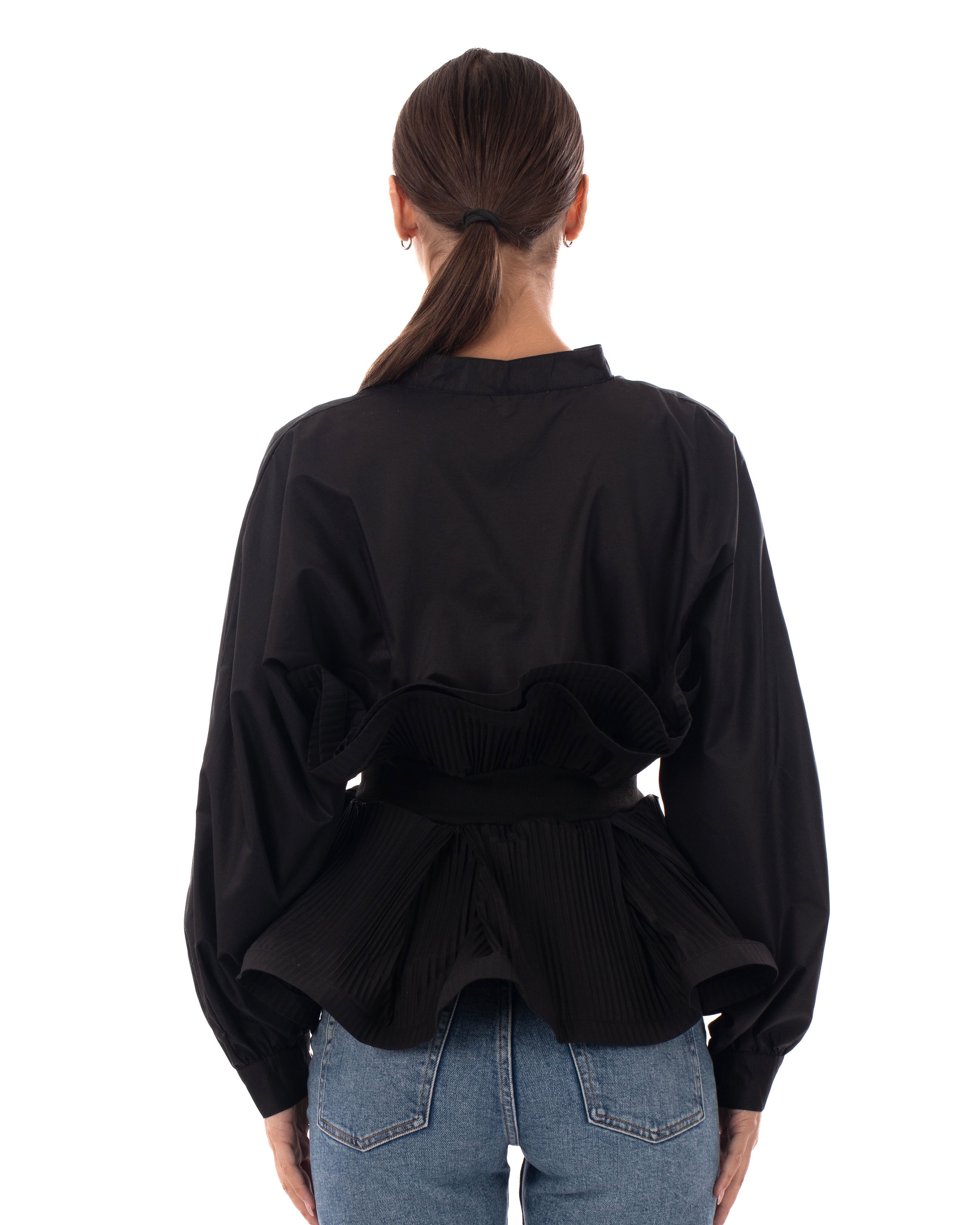 Olivia Row™ | Ruffle design around chest and hem cotton shirt in black