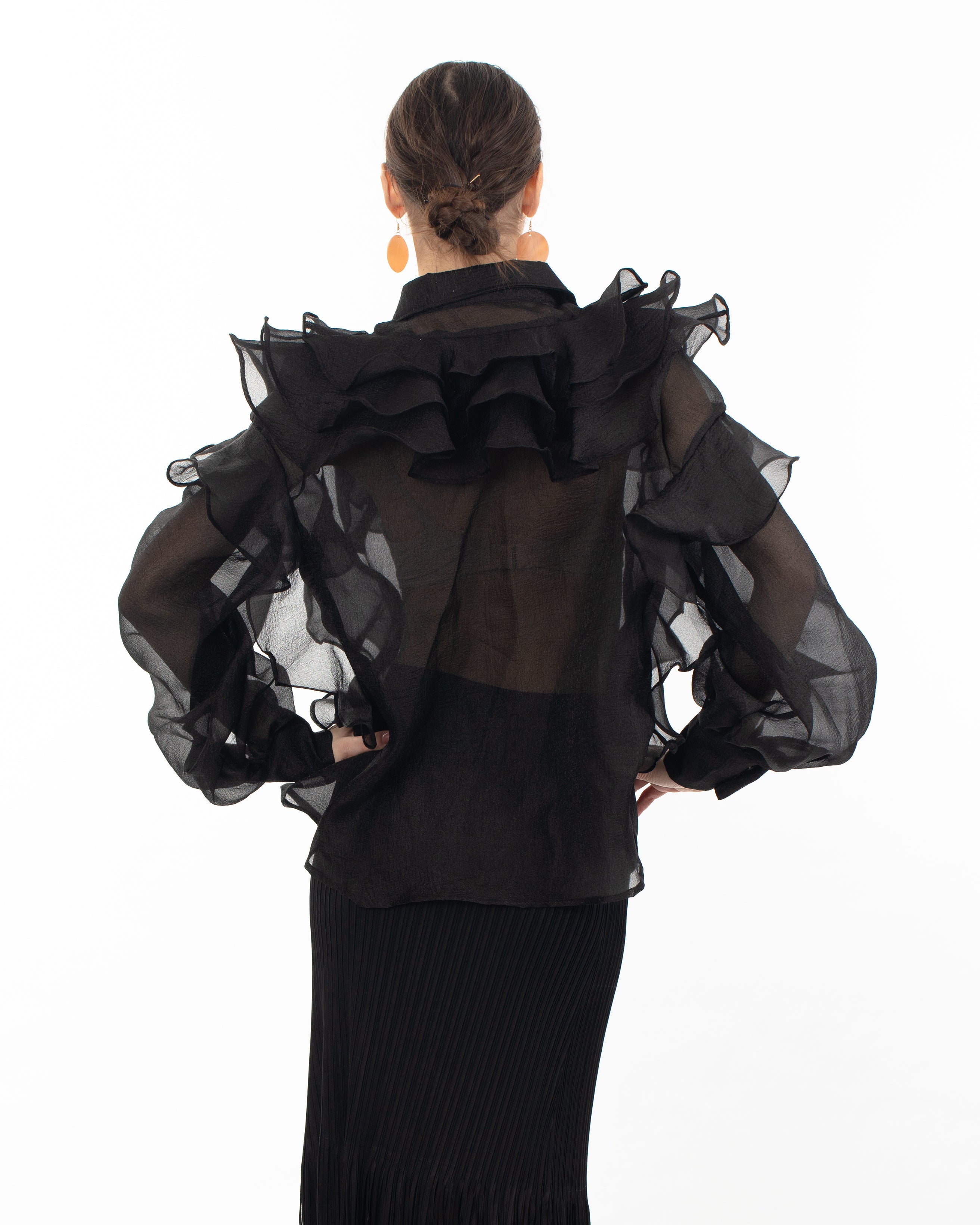 Olivia Row™ | Multi Layer ruffles design sheer organza shirt in Black