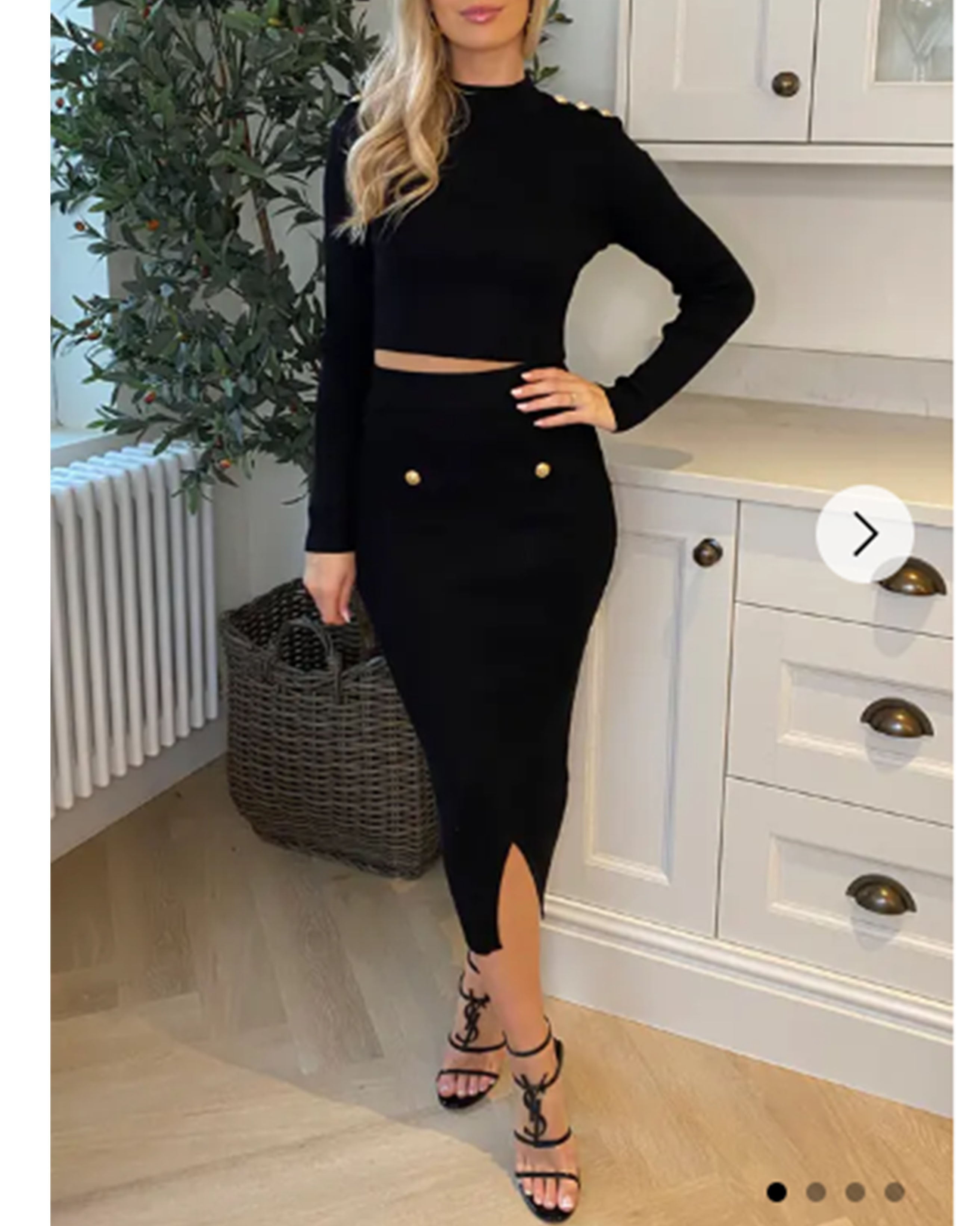 Olivia Row™ | Long sleeves top with buttons design and midi skirt co-ords suits in black