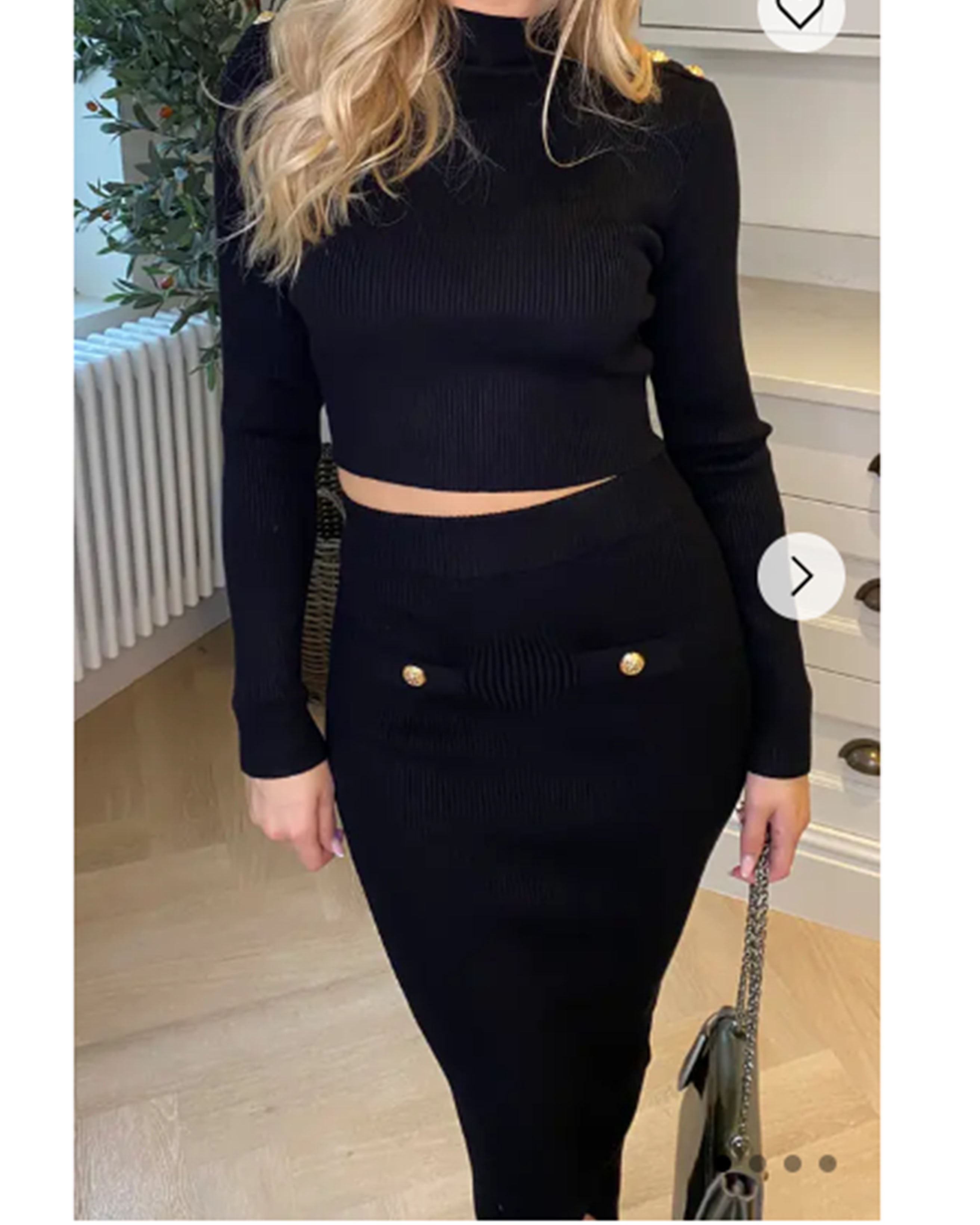 Olivia Row™ | Long sleeves top with buttons design and midi skirt co-ords suits in black