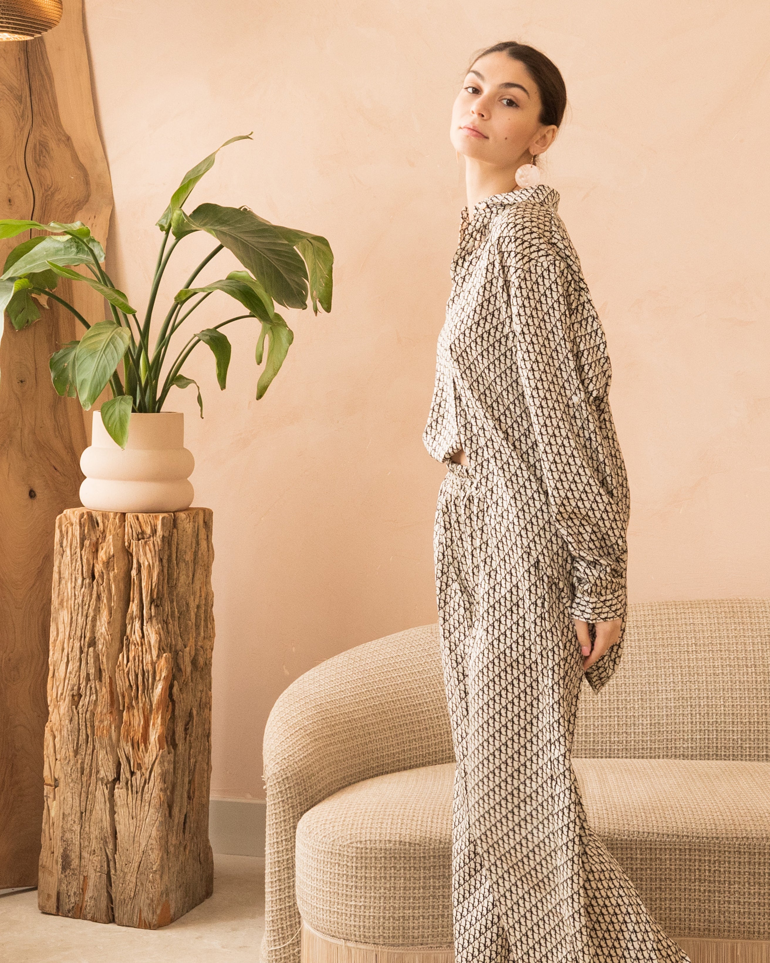 Olivia Row™ | Navy Blue and White Letter D Houndstooth Print Shirt and Trousers Co-ords