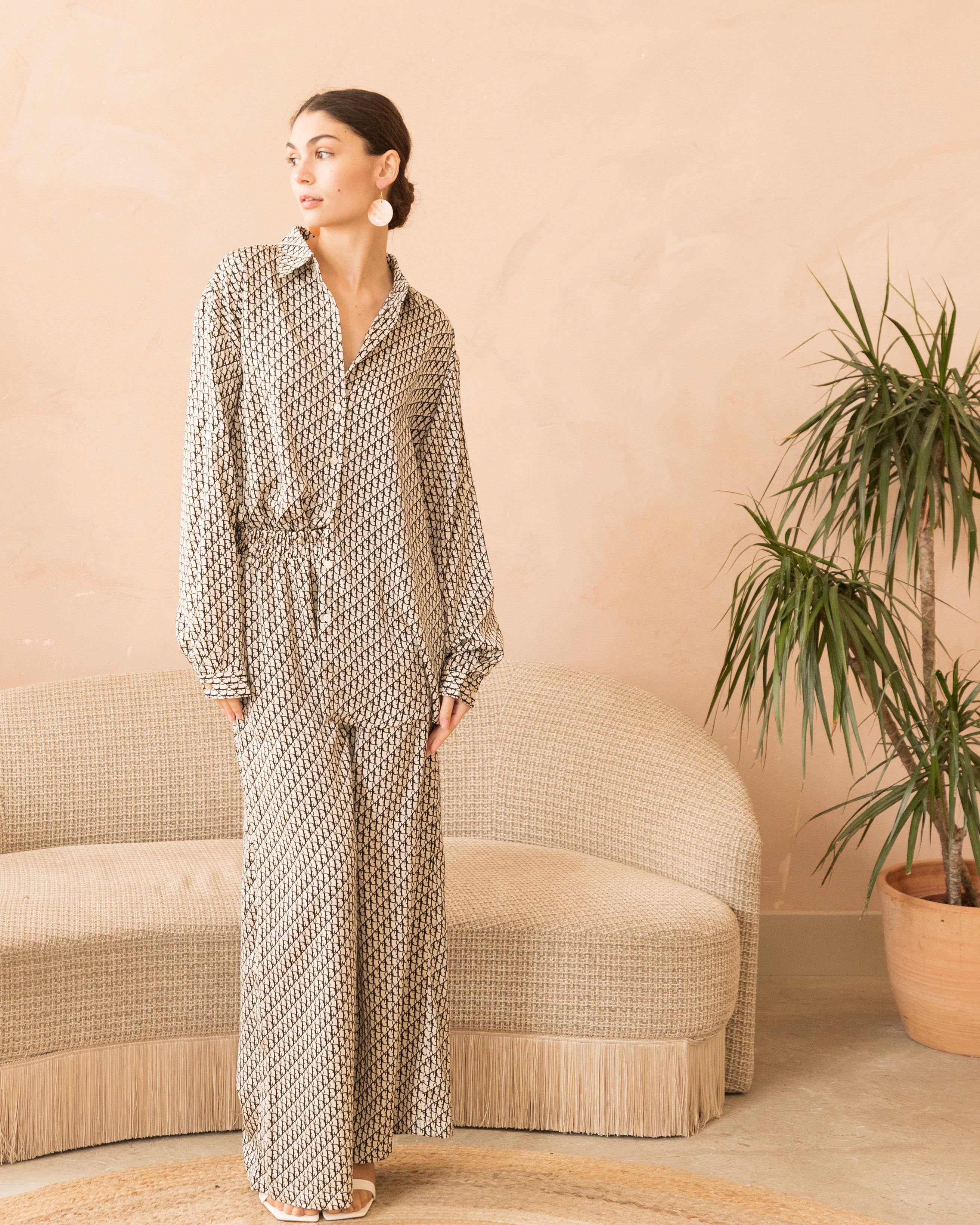 Olivia Row™ | Navy Blue and White Letter D Houndstooth Print Shirt and Trousers Co-ords
