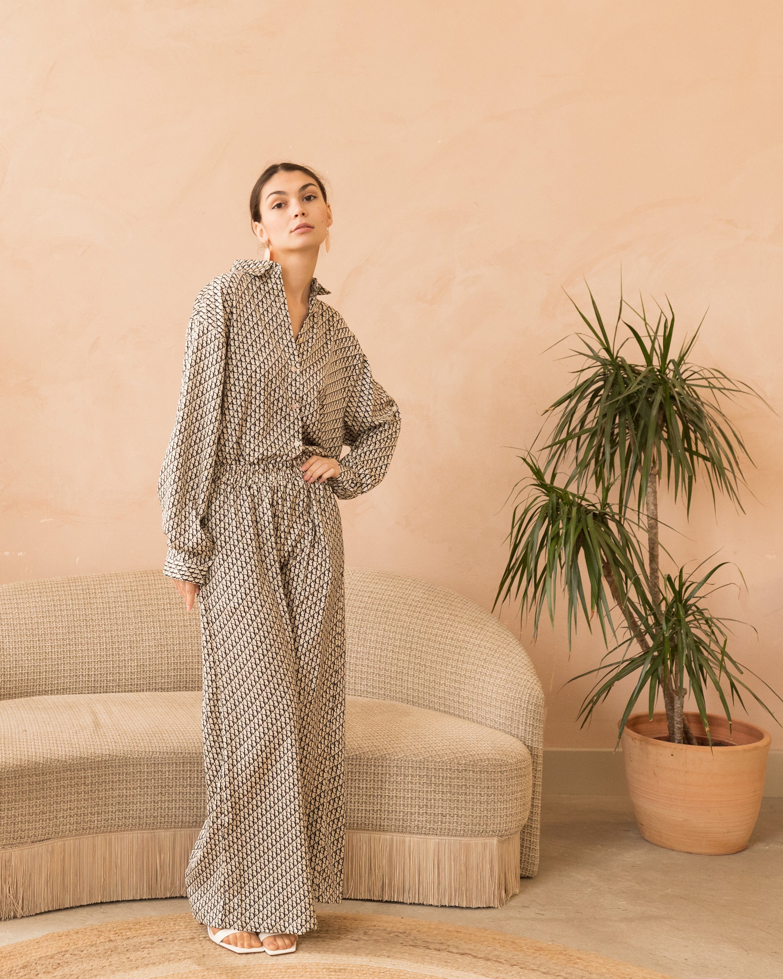 Olivia Row™ | Navy Blue and White Letter D Houndstooth Print Shirt and Trousers Co-ords