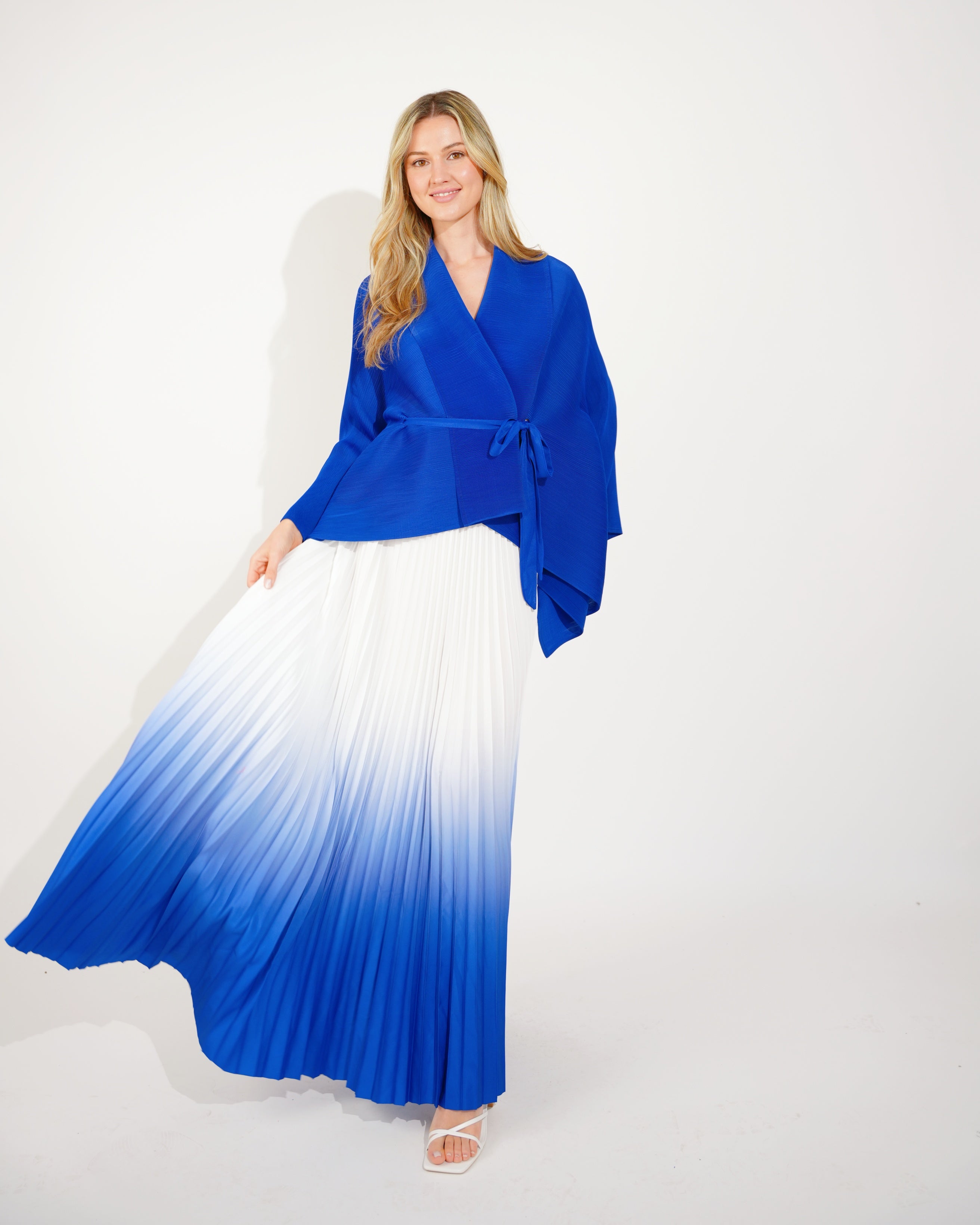Olivia Row™ | Full pleated Kimono sleeves cardigan top and tie dye print maxi skirt in Royal Blue
