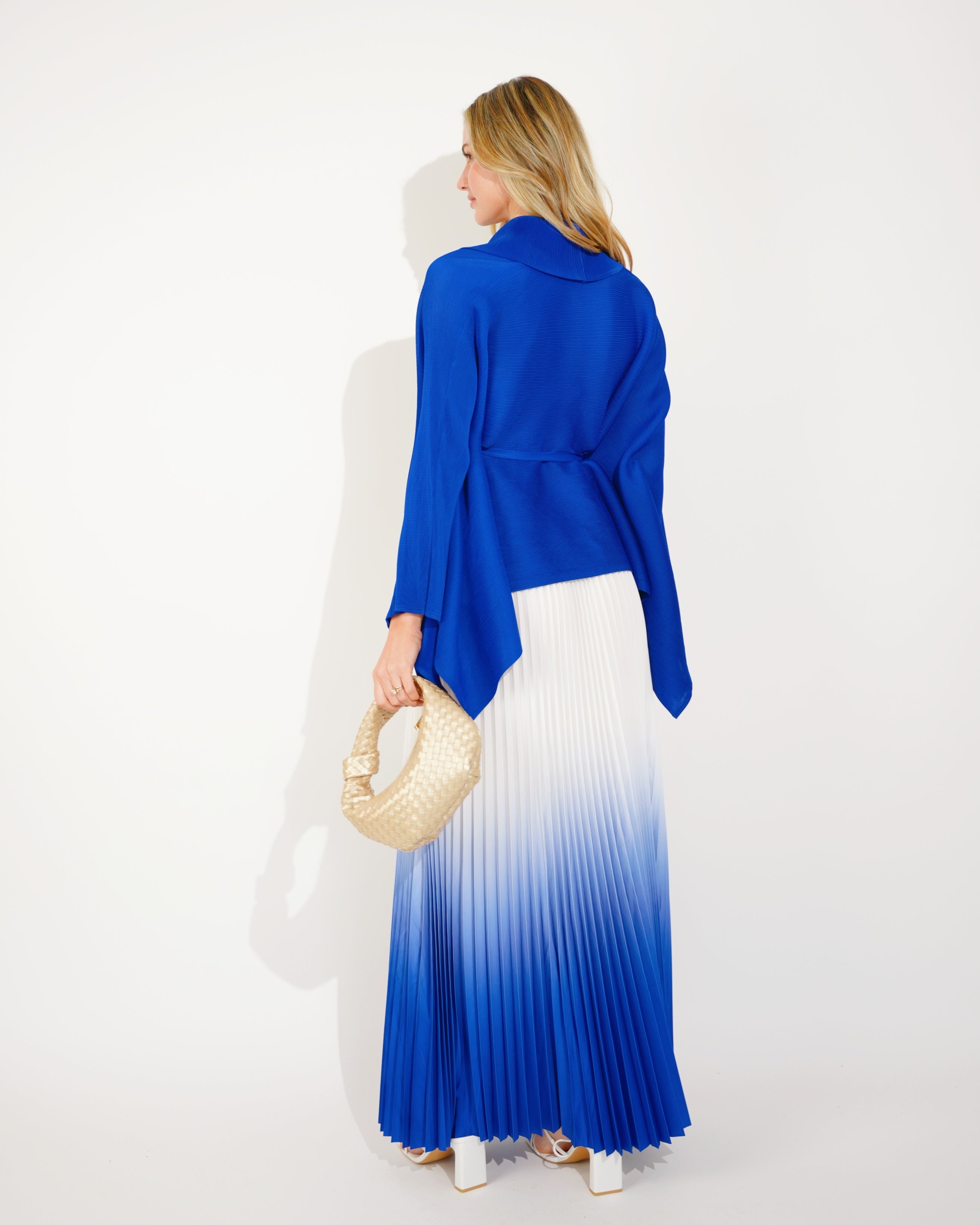 Olivia Row™ | Full pleated Kimono sleeves cardigan top and tie dye print maxi skirt in Royal Blue