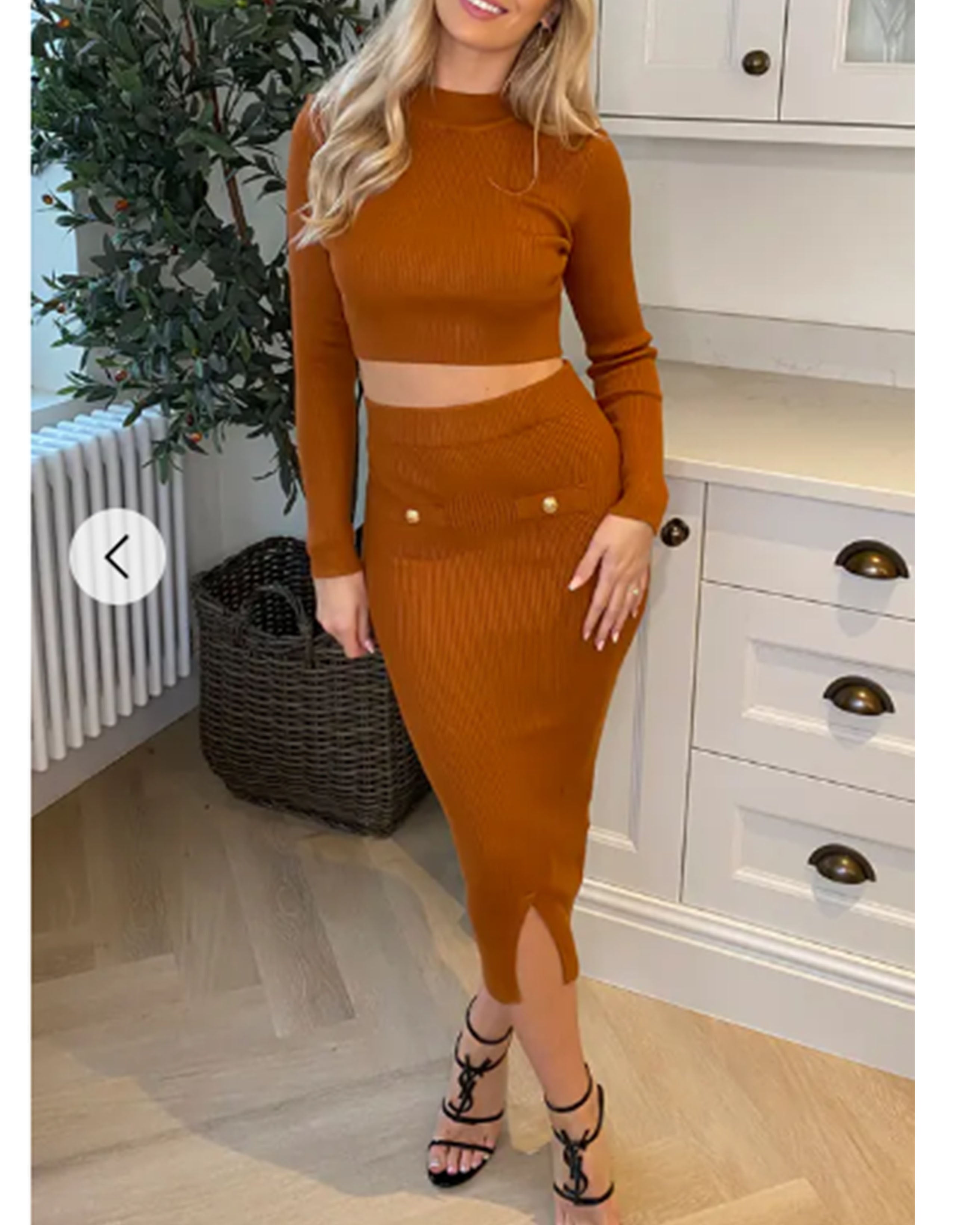Olivia Row™ | Long sleeves top with buttons design and midi skirt co-ords suits in brown