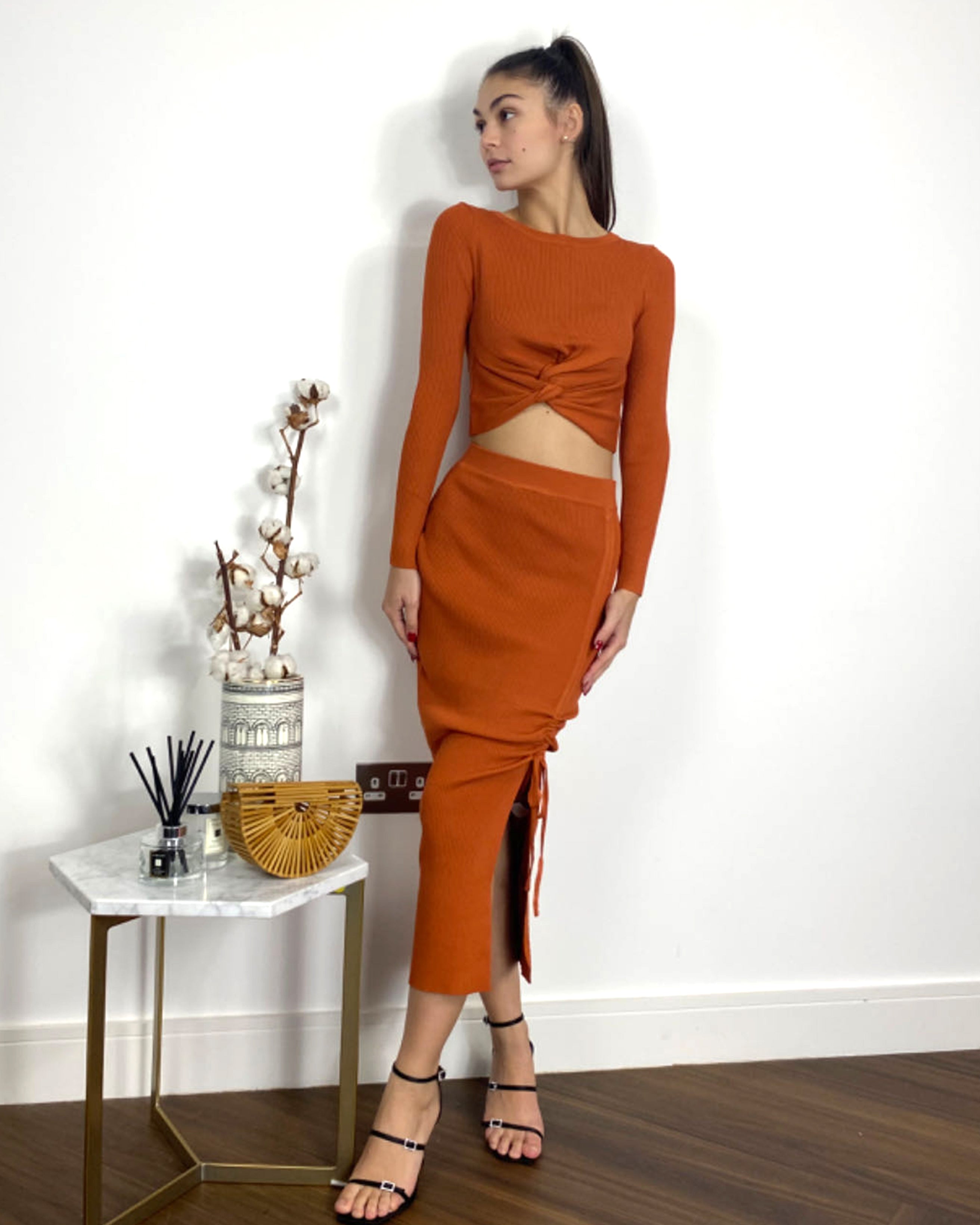 Olivia Row™ | Long Sleeve Knit crop top with side lace up midi skirt co-ords in brown