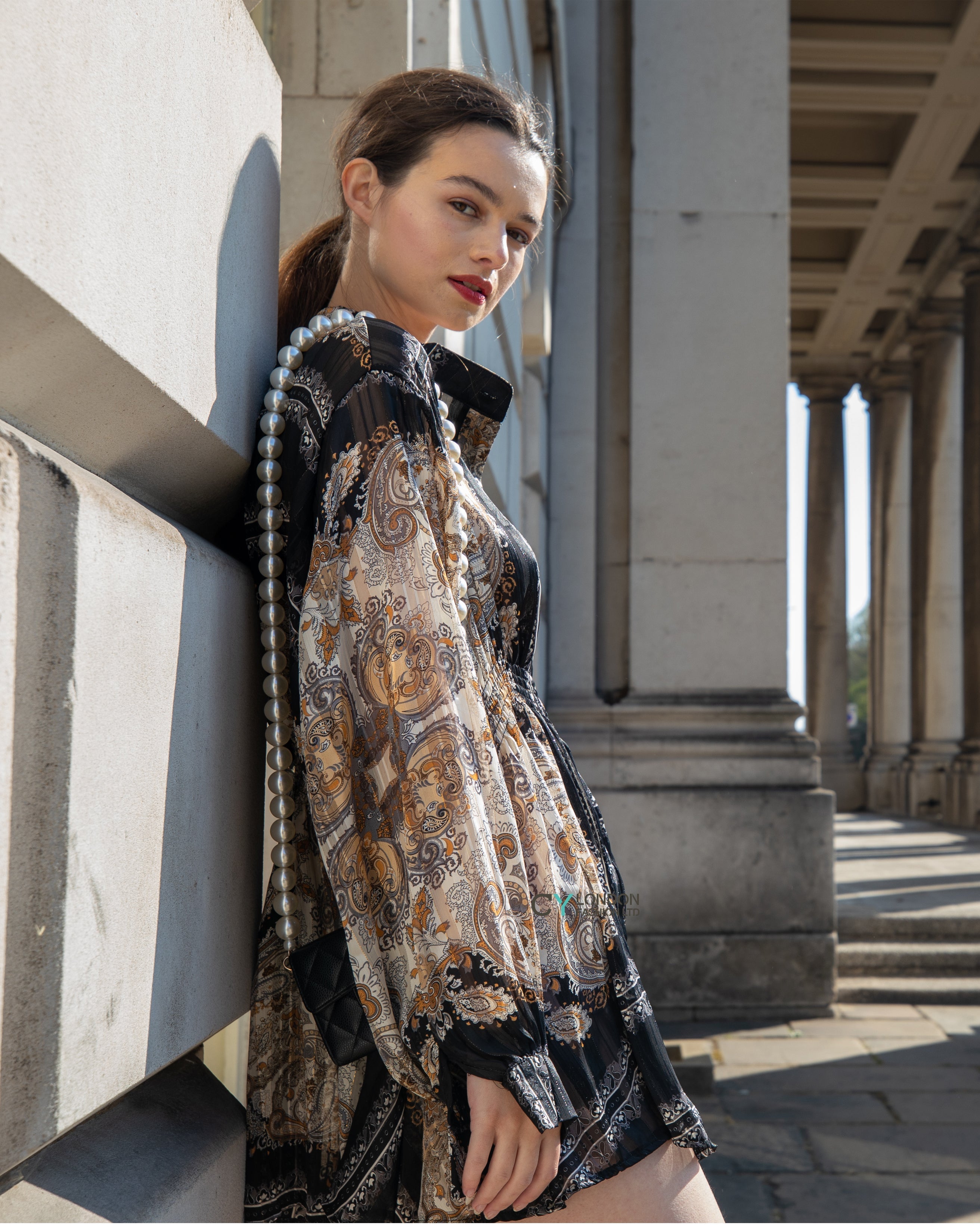 Olivia Row™ | Black and Gold Scarf Print Mini Shirt Dress