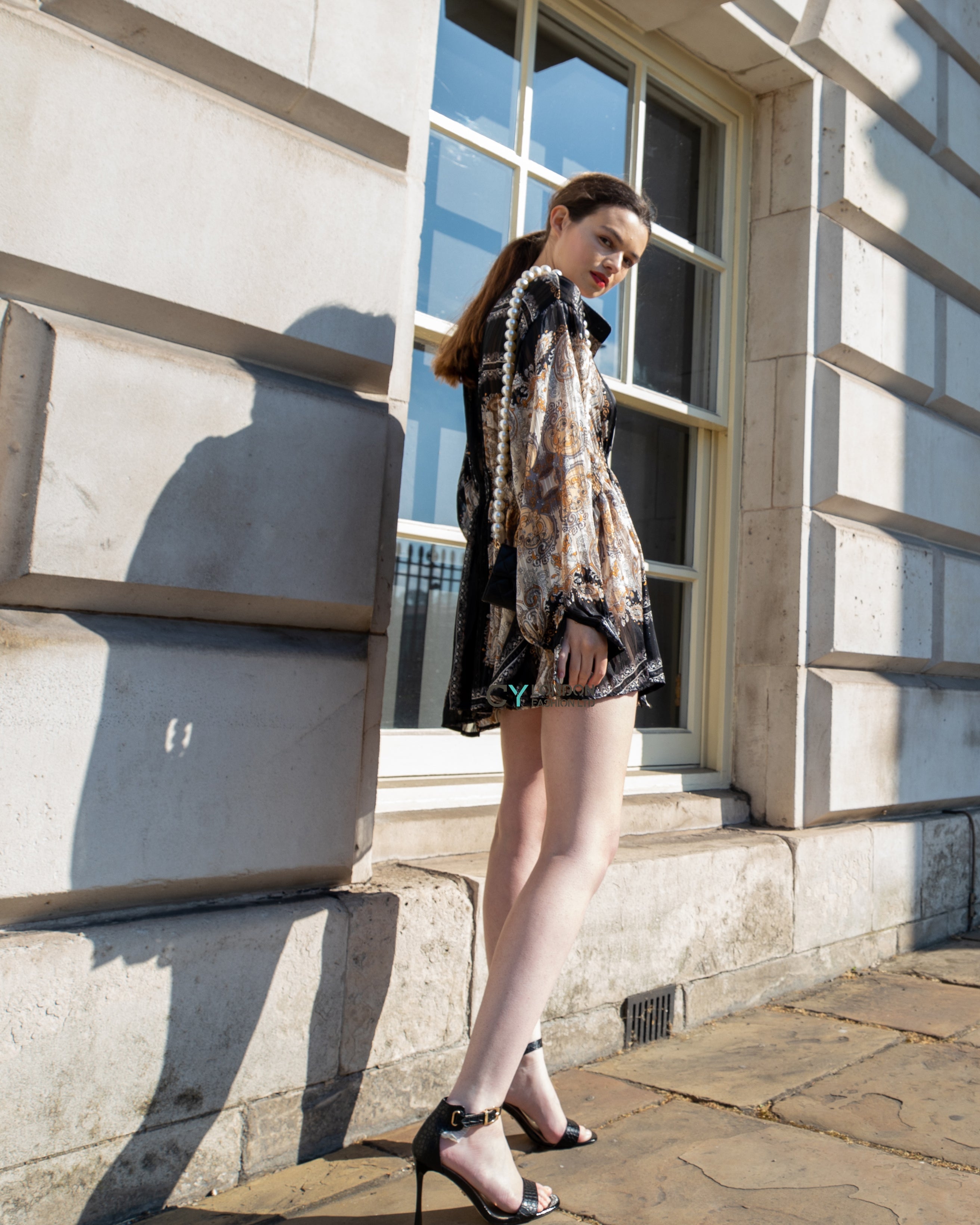 Olivia Row™ | Black and Gold Scarf Print Mini Shirt Dress