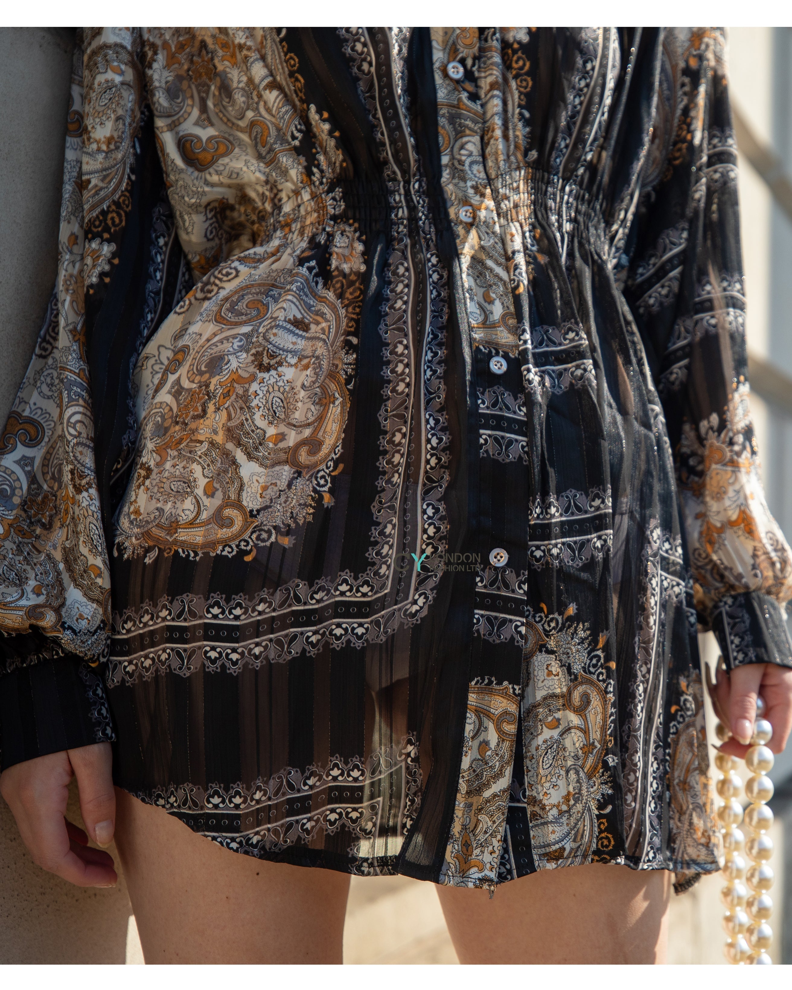 Olivia Row™ | Black and Gold Scarf Print Mini Shirt Dress