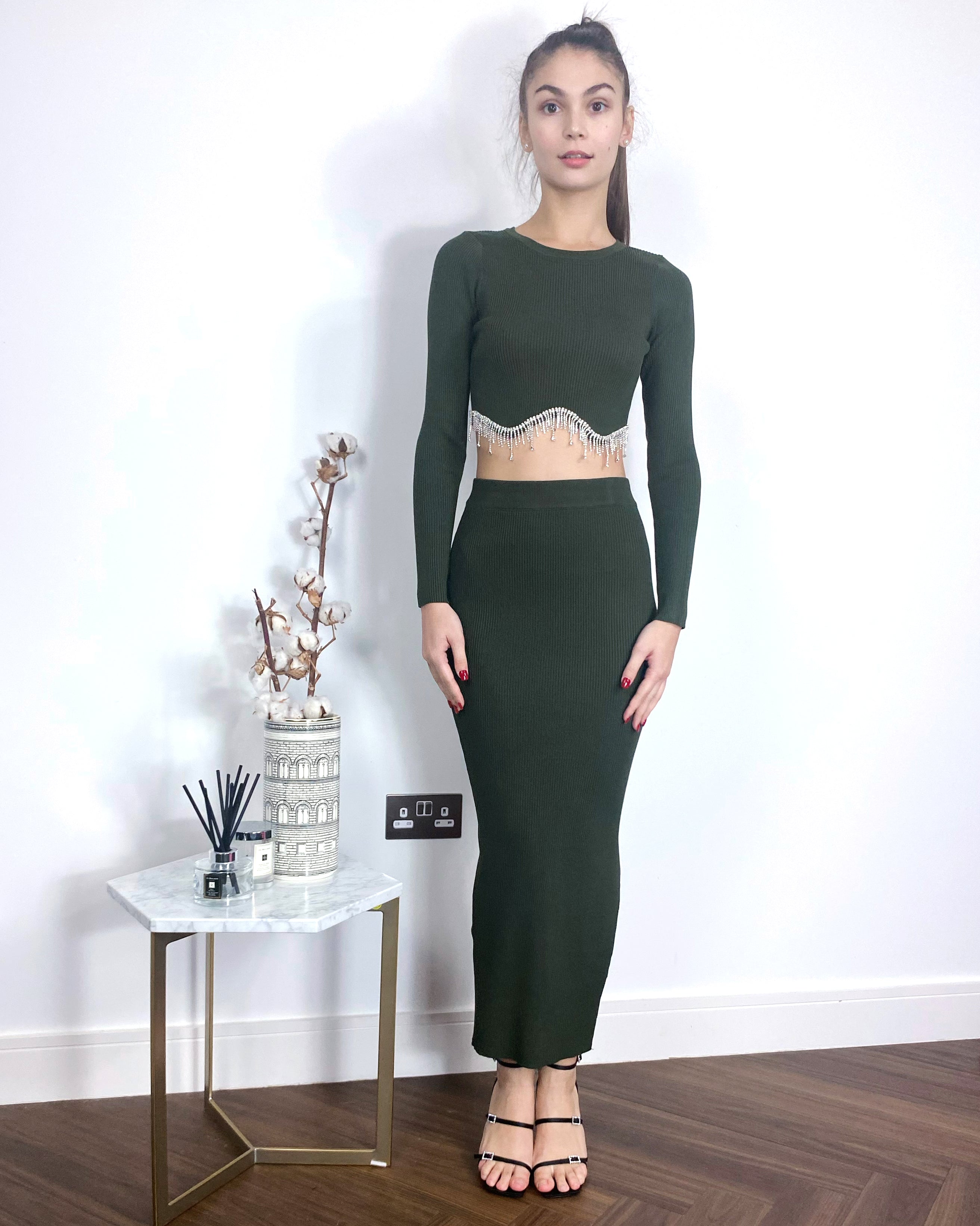 Olivia Row™ | Scalloped shape knit top with diamonded chain embellish and midi skirt co-ords in Green
