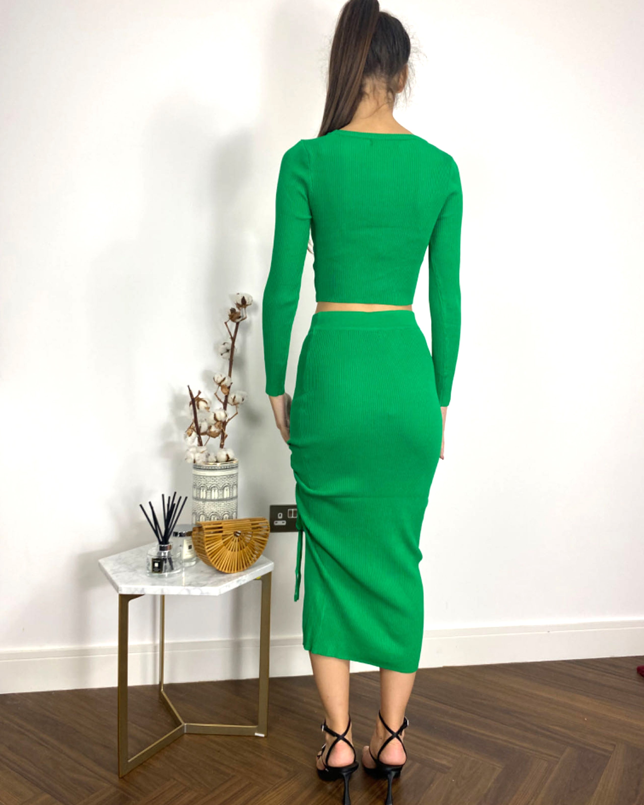 Olivia Row™ | Long Sleeve Knit crop top with side lace up midi skirt co-ords in green