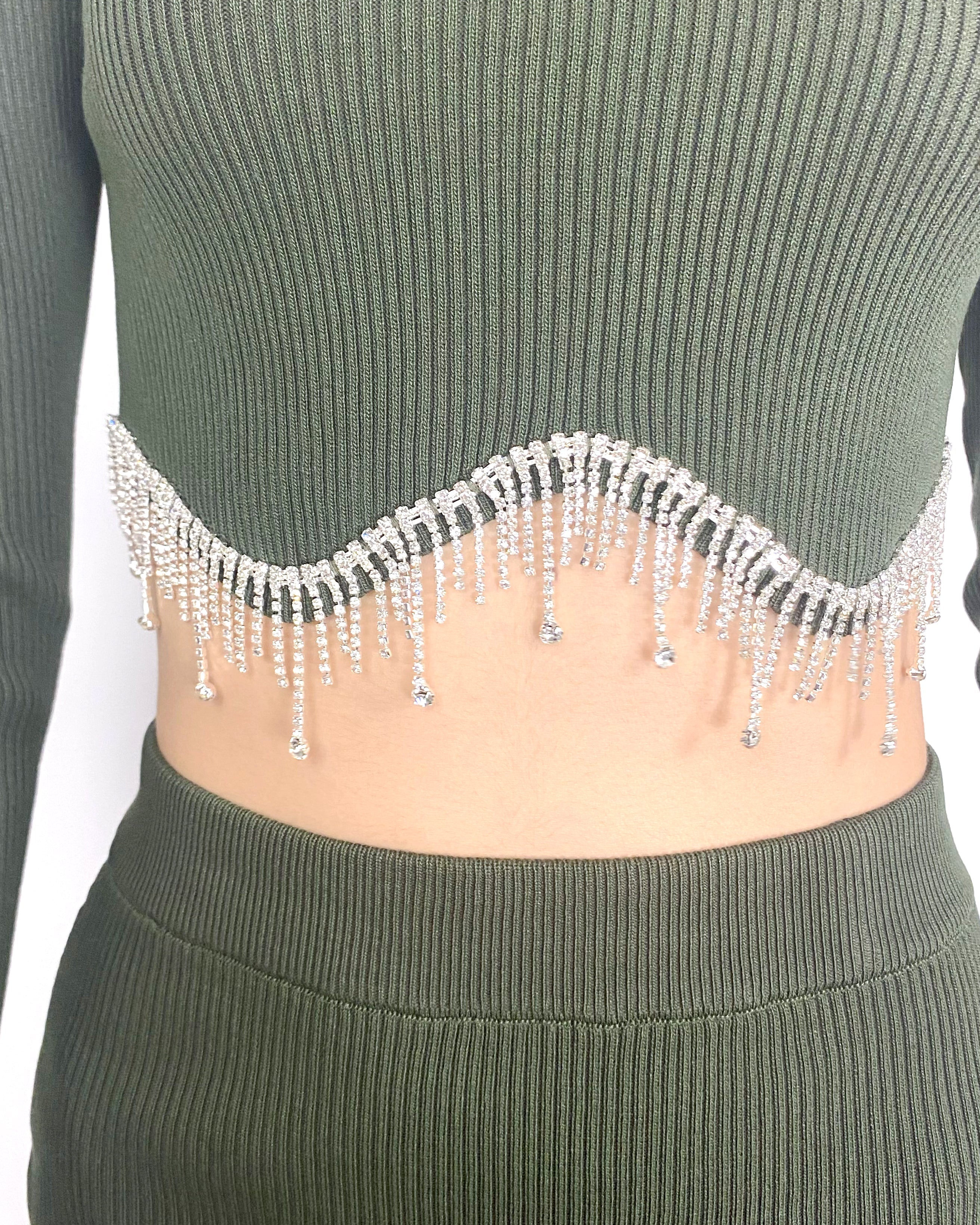 Olivia Row™ | Scalloped shape knit top with diamonded chain embellish and midi skirt co-ords in Green