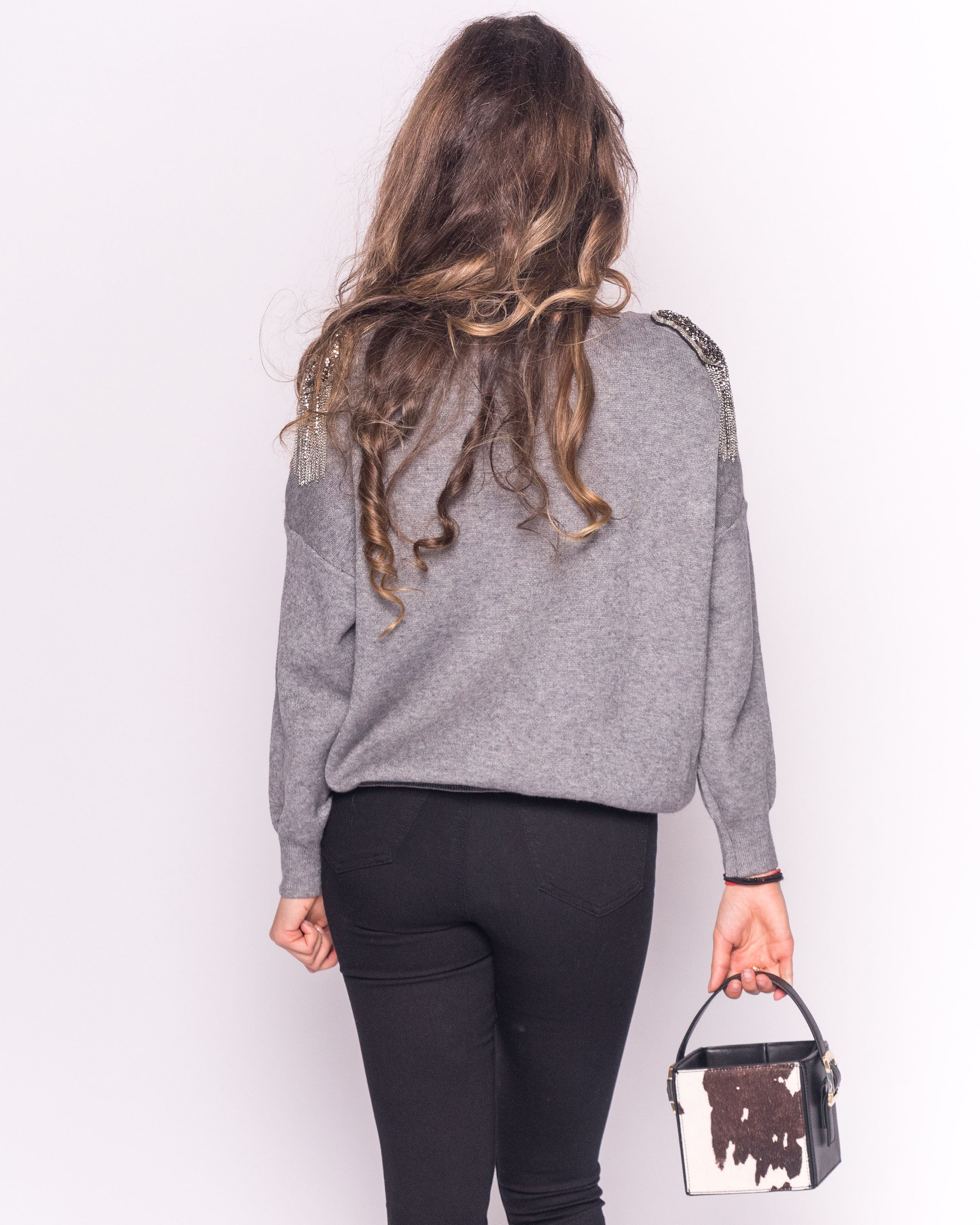 Olivia Row™ | Jumper with Crystal Shoulder Patch with Chain