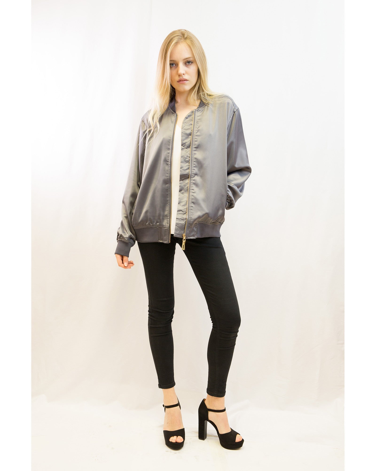 Olivia Row™ | Plain Color Oversized satin Bomber Jacket