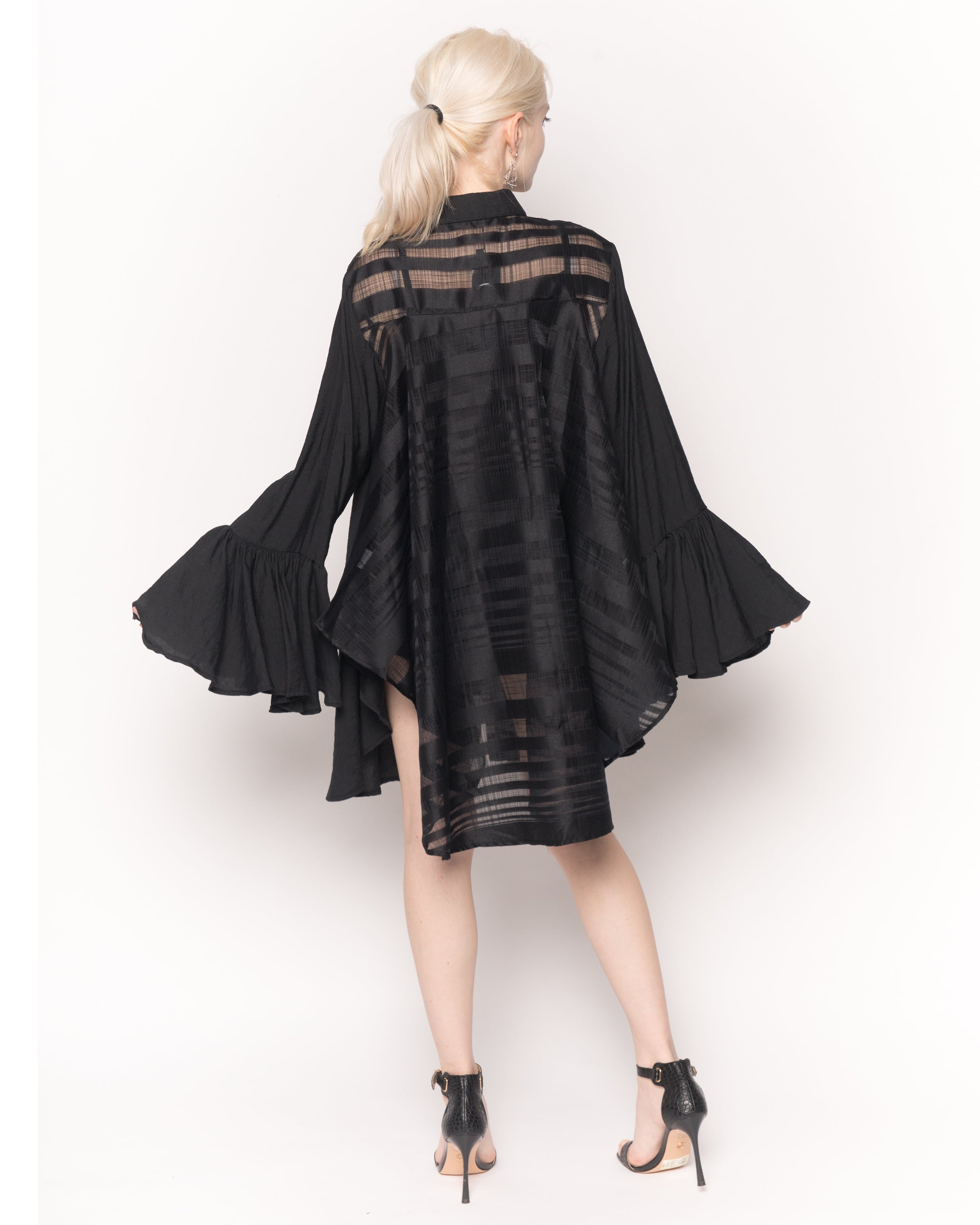 Olivia Row™ | Oversized Shirt with Frilled Sleeves and Mesh Back in Black