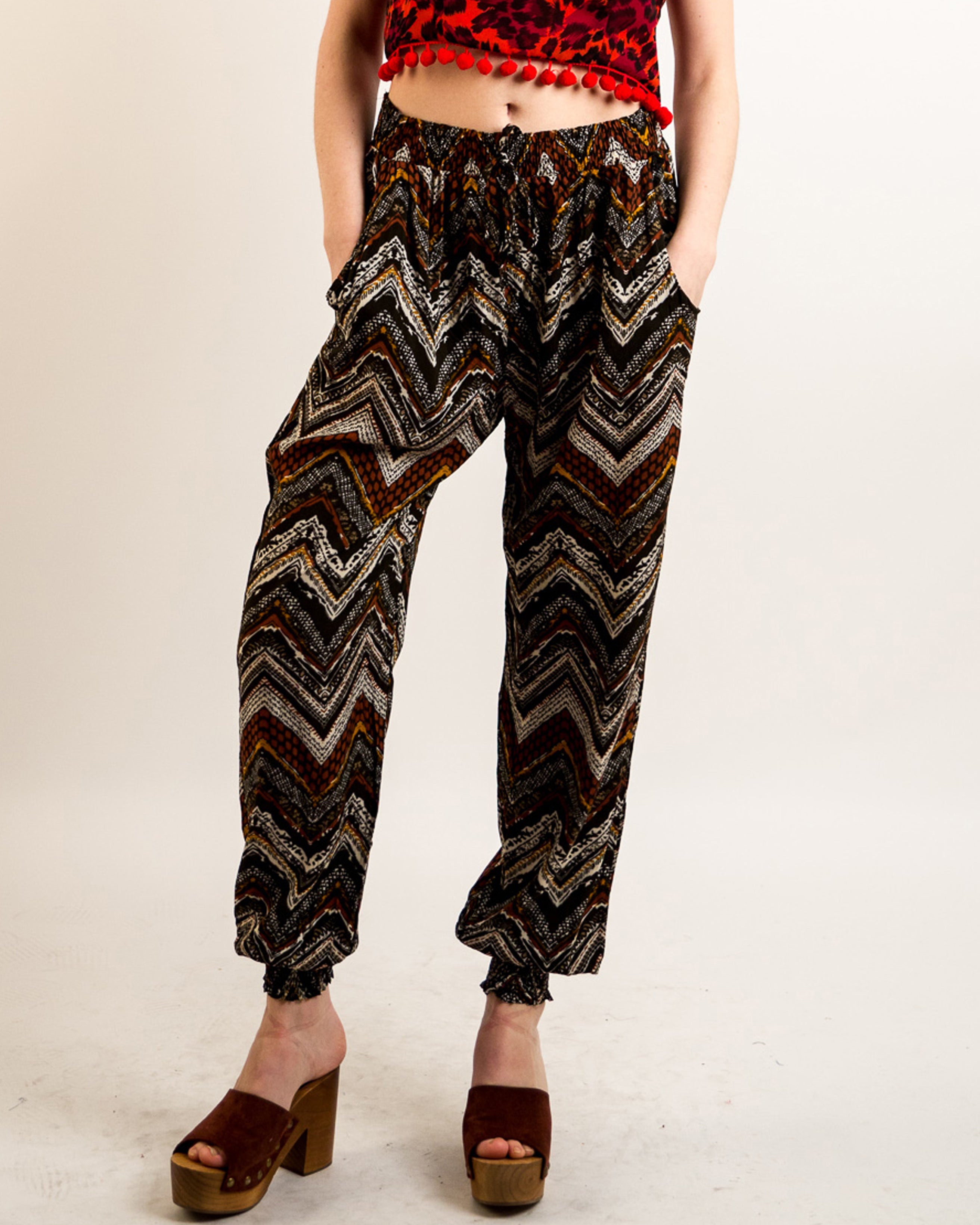 Olivia Row™ | Aztec print elasticated waist Cotton Trousers (WINE)