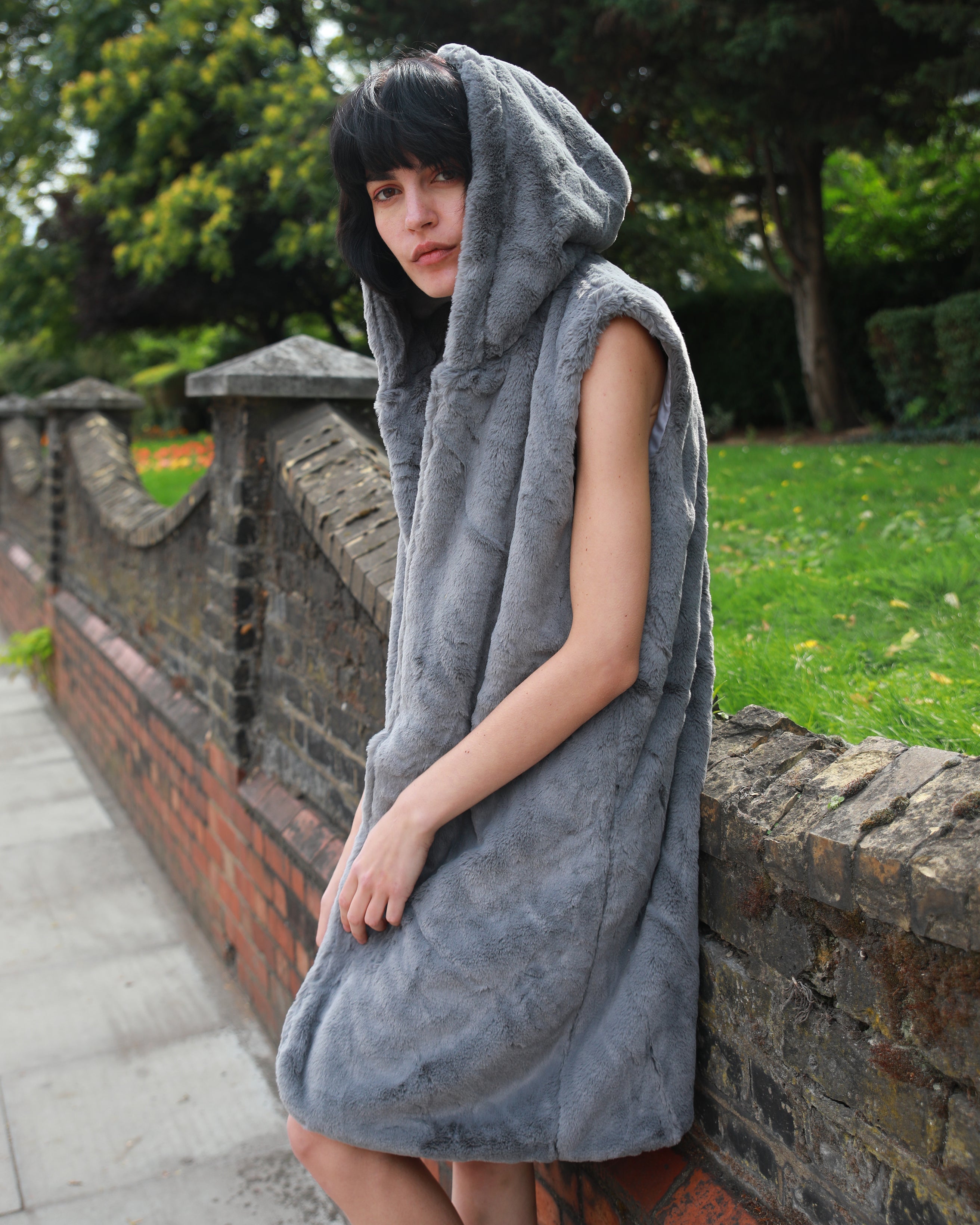 Olivia Row™ | Plus Size Faux Fur Long Gilet with Hoodie