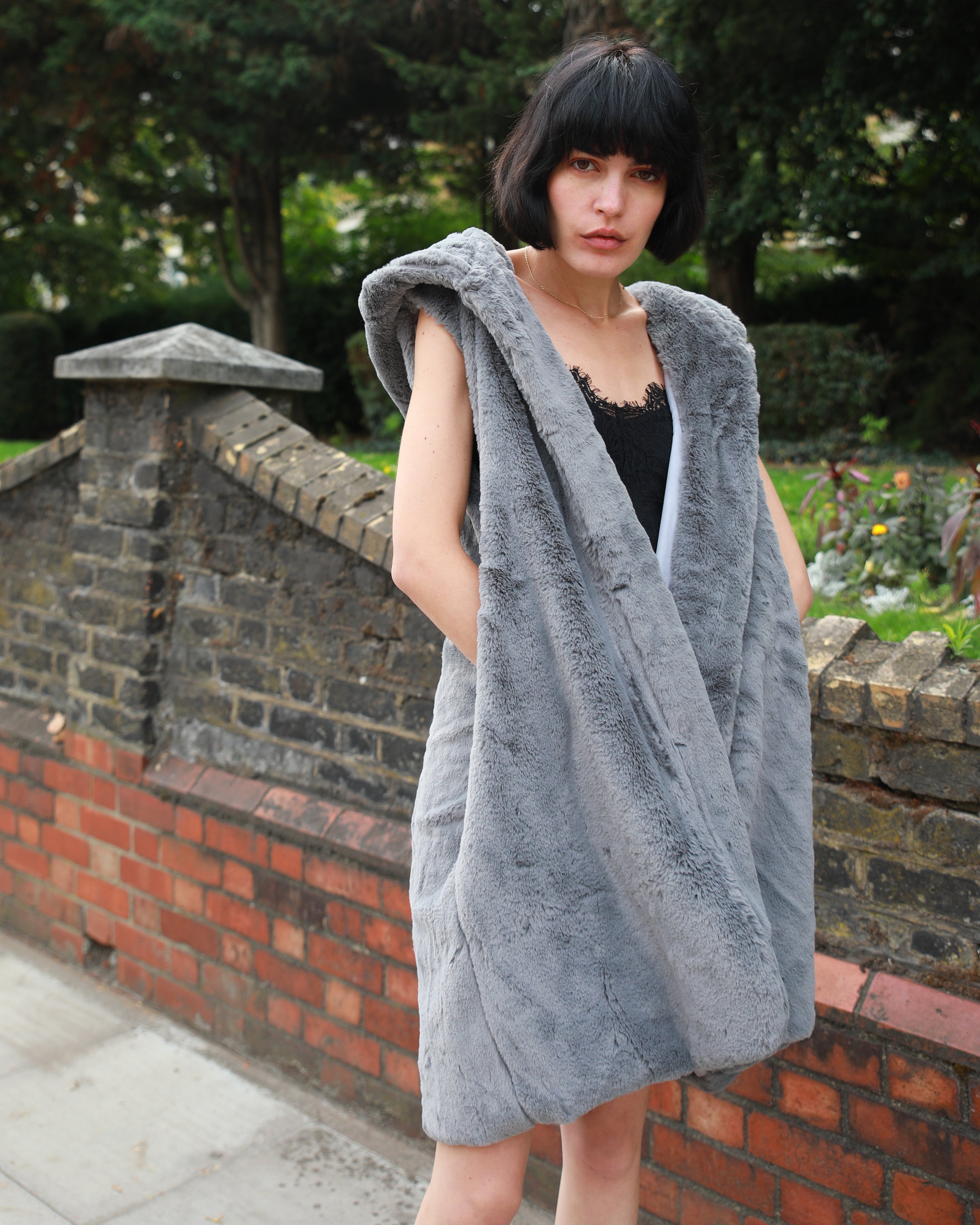 Olivia Row™ | Plus Size Faux Fur Long Gilet with Hoodie