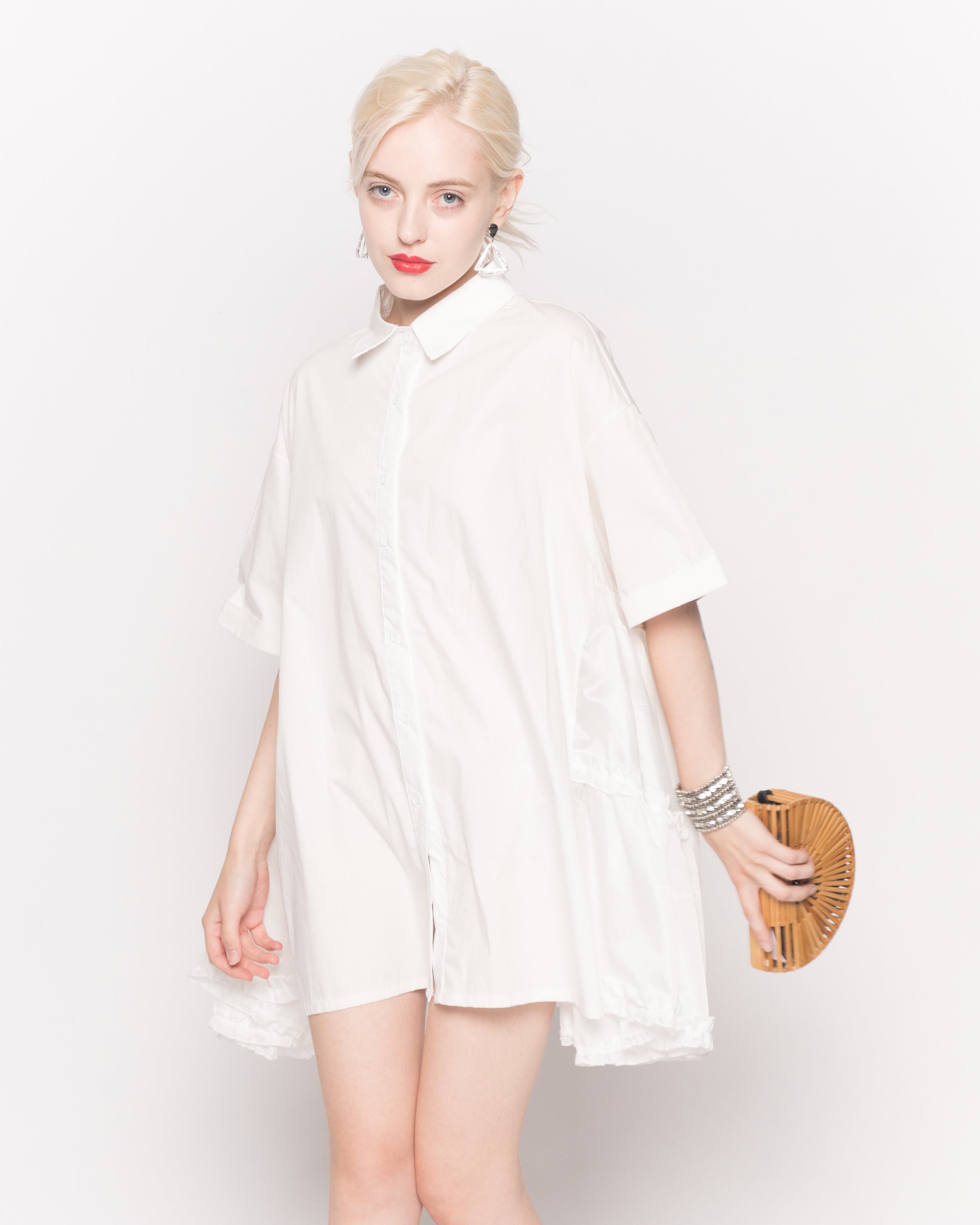 Olivia Row™ | Oversized Short Sleeve Shirt with Frill Detail on Sides in White