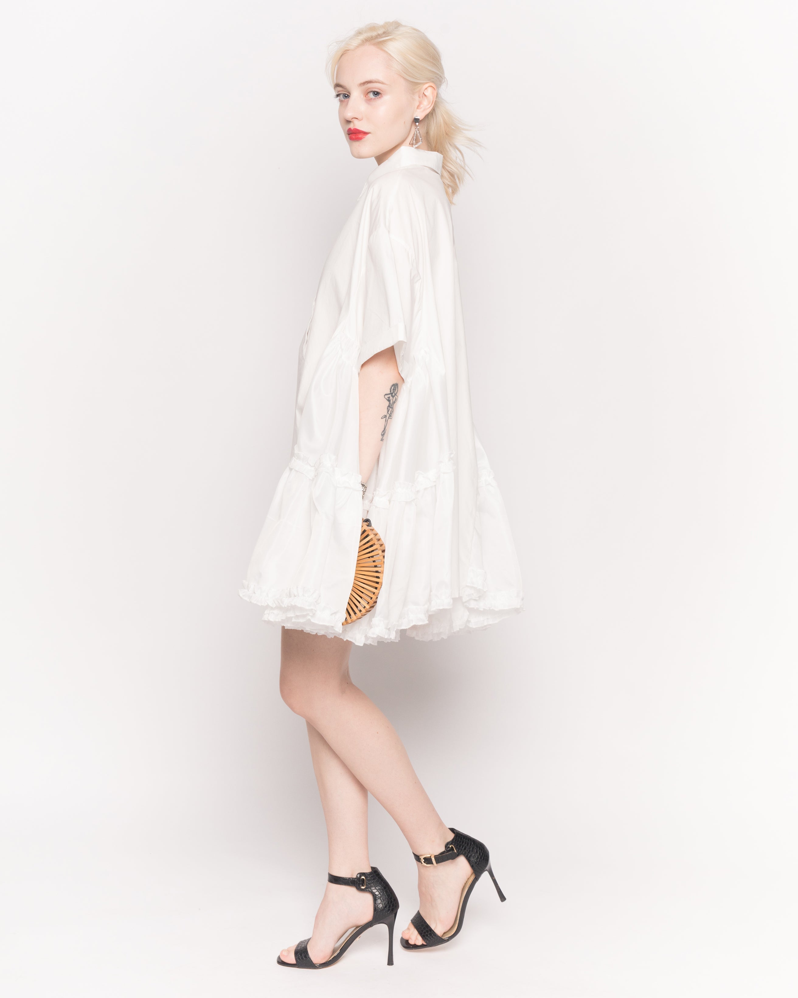 Olivia Row™ | Oversized Short Sleeve Shirt with Frill Detail on Sides in White