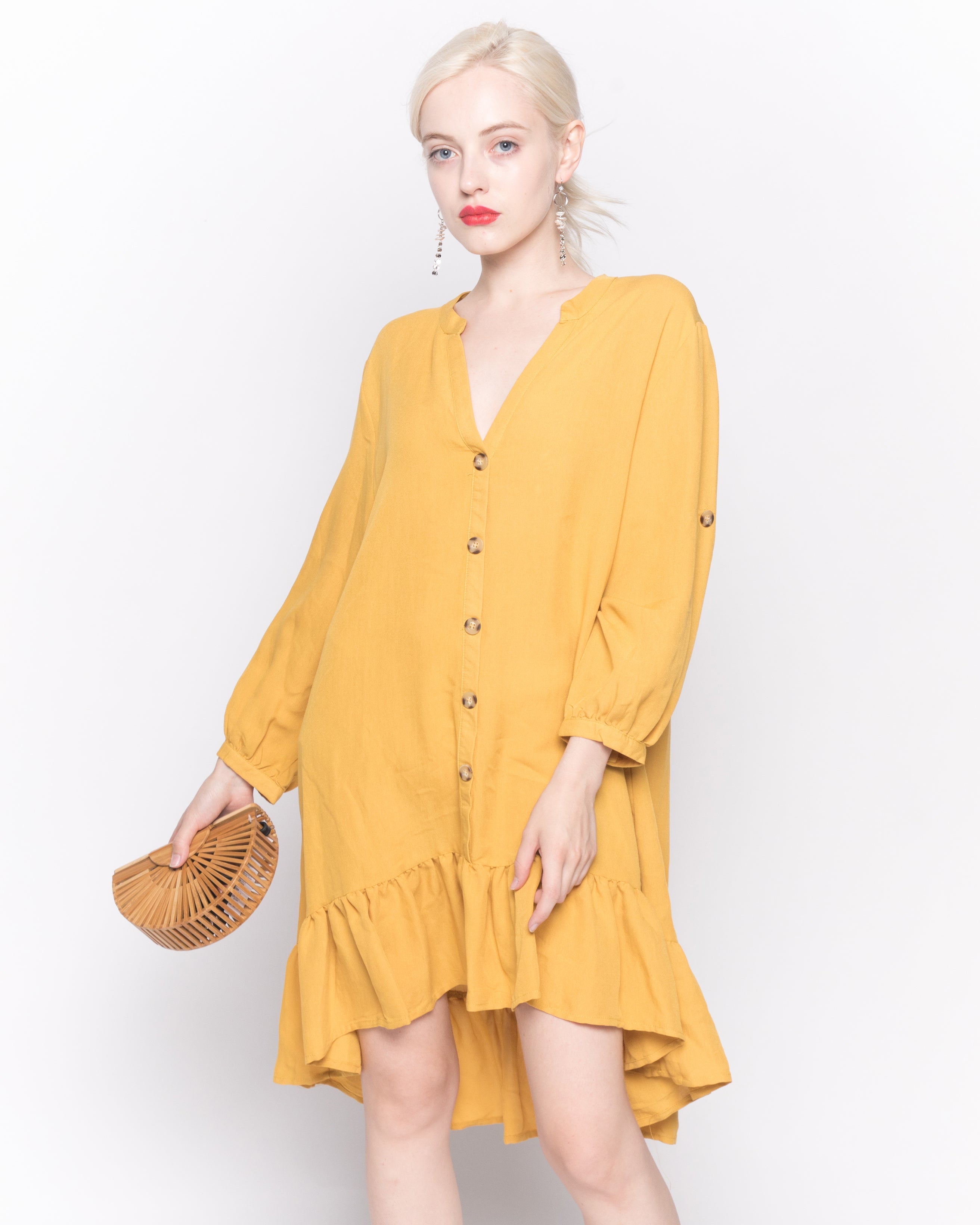 Olivia Row™ | Long Sleeve Oversized Linen Shirt Dress in Mustard Yellow