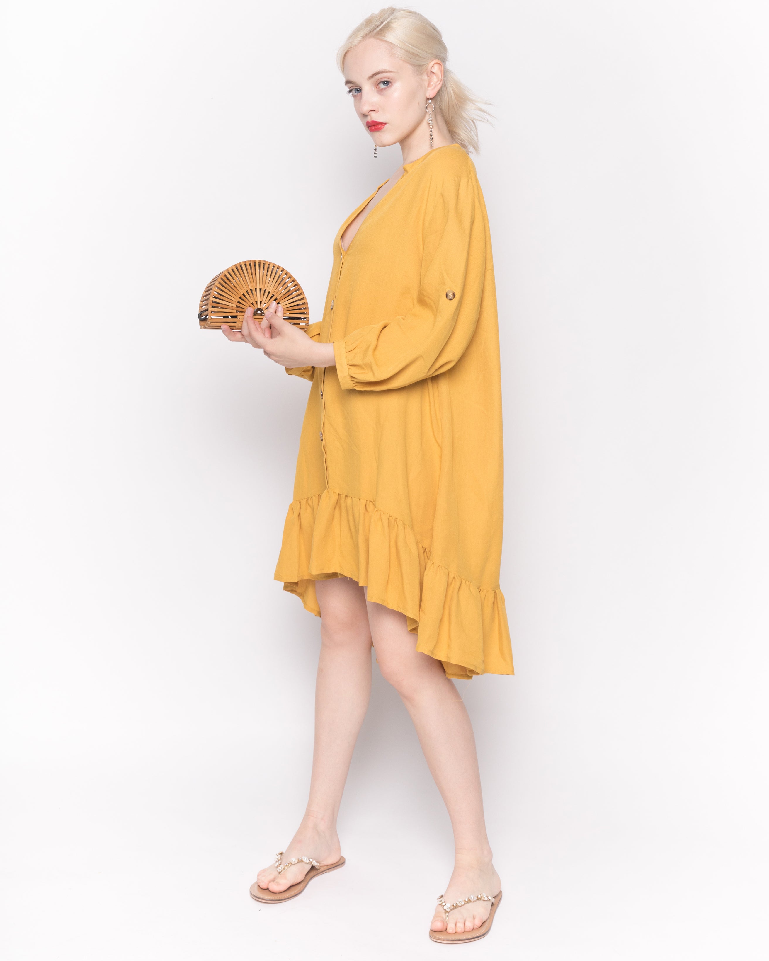Olivia Row™ | Long Sleeve Oversized Linen Shirt Dress in Mustard Yellow