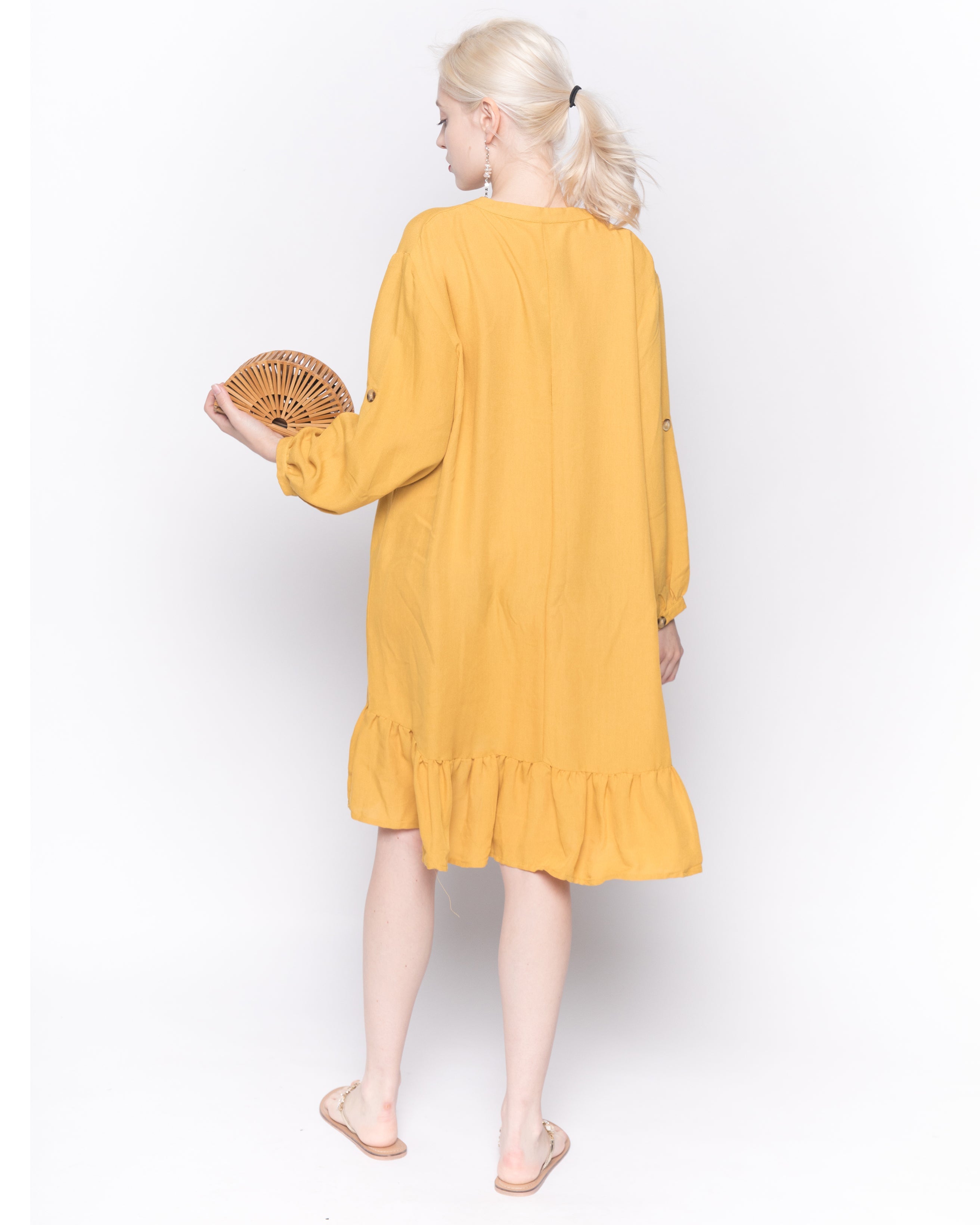 Olivia Row™ | Long Sleeve Oversized Linen Shirt Dress in Mustard Yellow