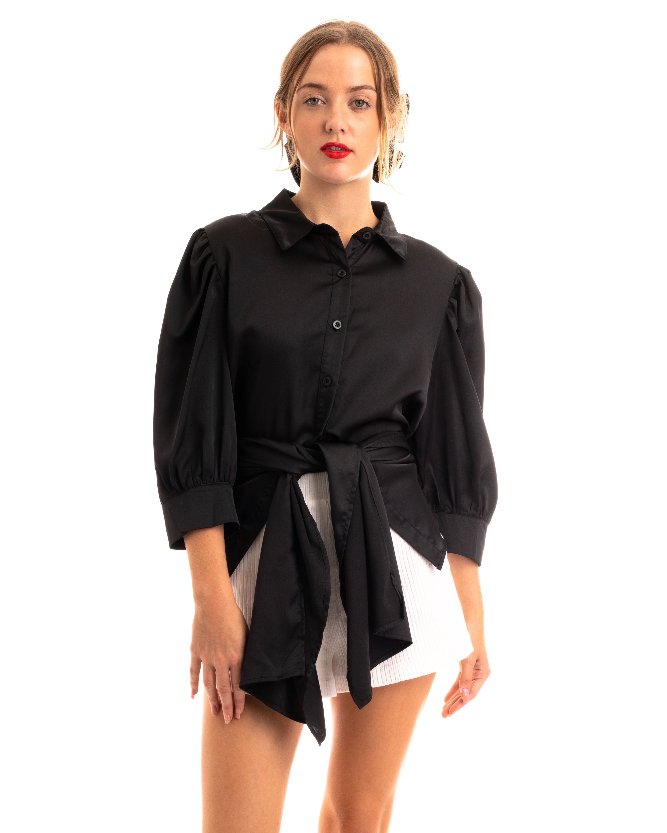 Olivia Row™ | Cross Back and front tie up crop shirt top in black