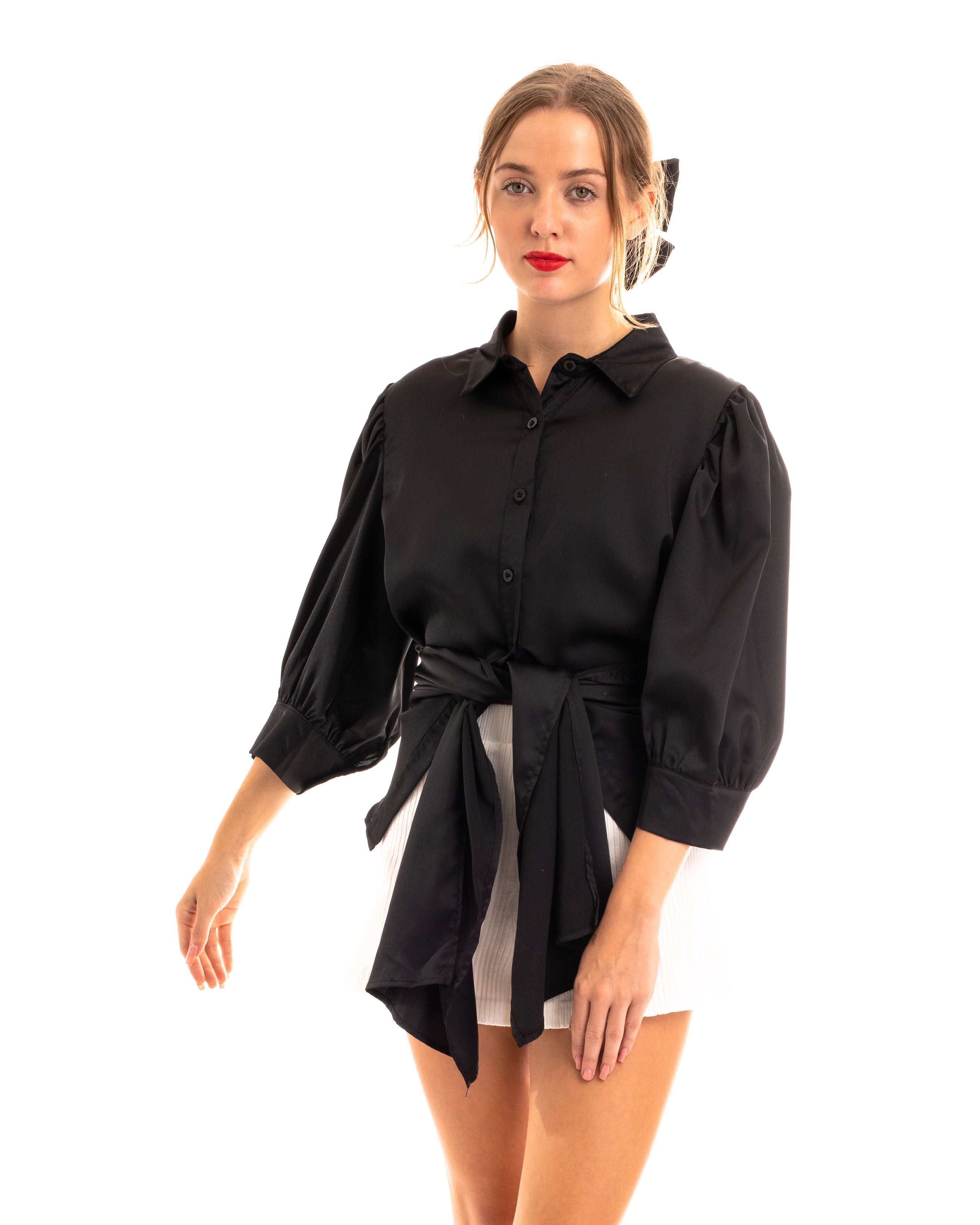 Olivia Row™ | Cross Back and front tie up crop shirt top in black