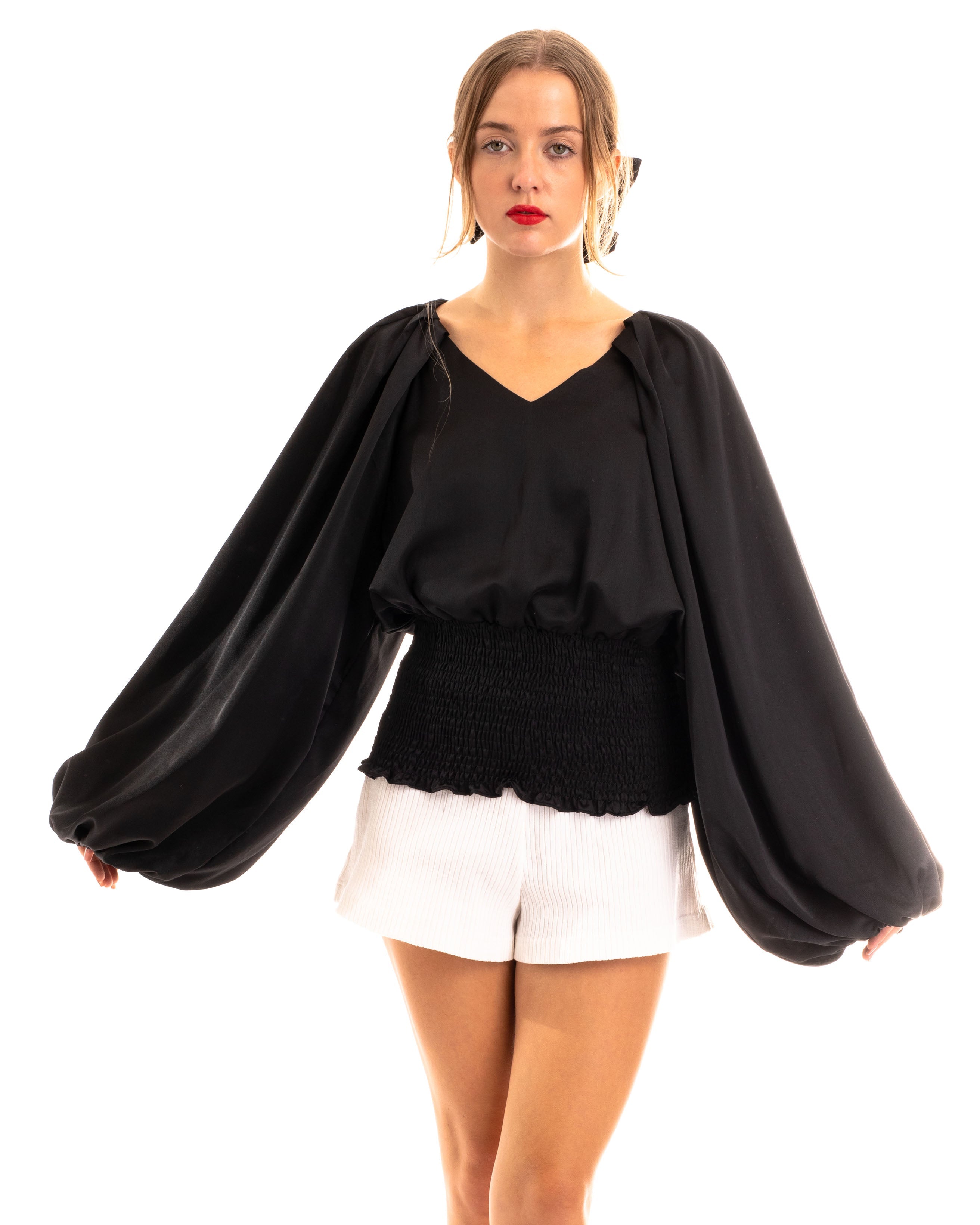 Olivia Row™ | Puff sleeve smocked top in black